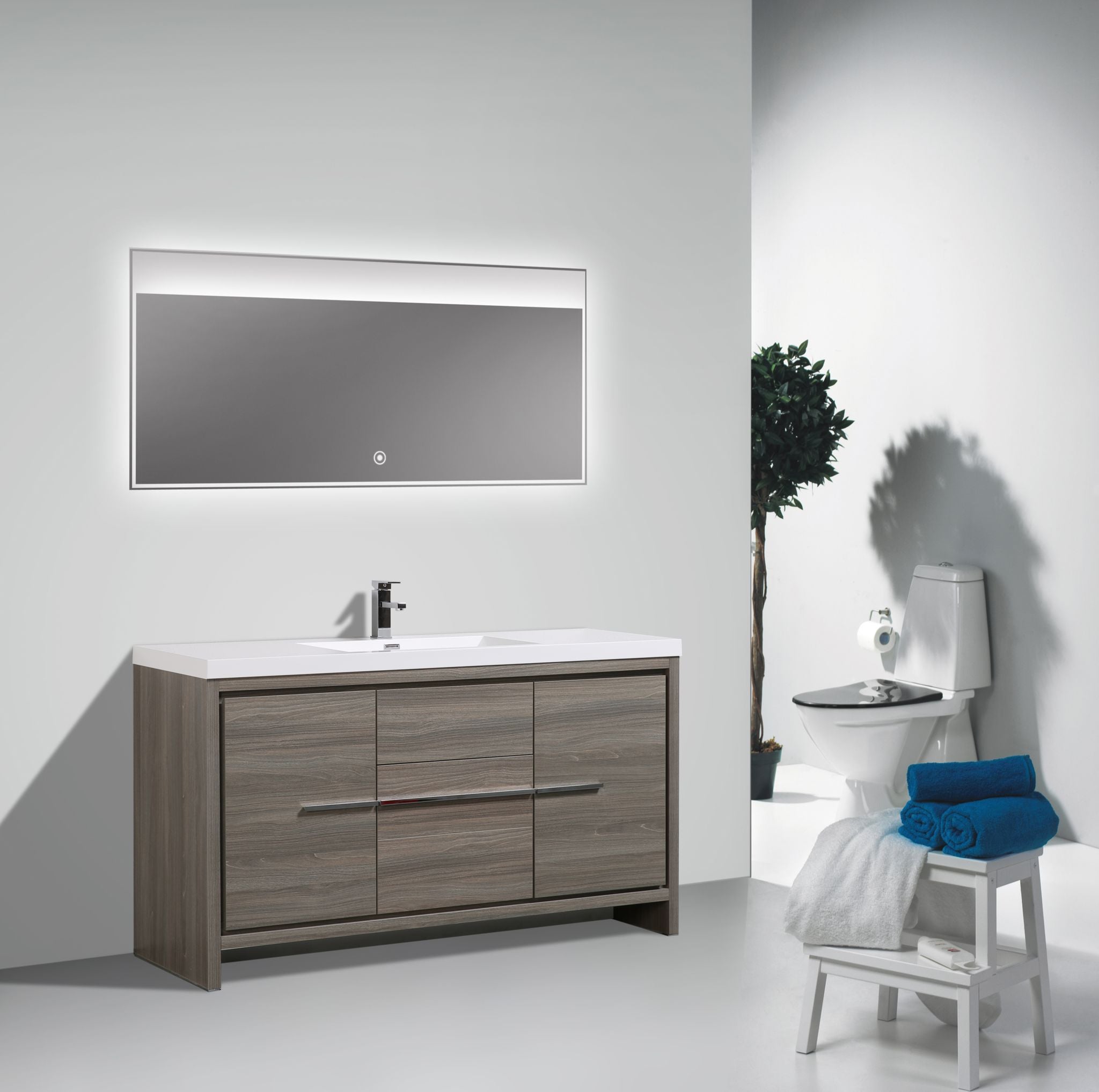 Granada 59 Maple Grey With Chrome Handle Cabinet, Square Cultured Marble Single Sink, Free Standing Modern Vanity Set