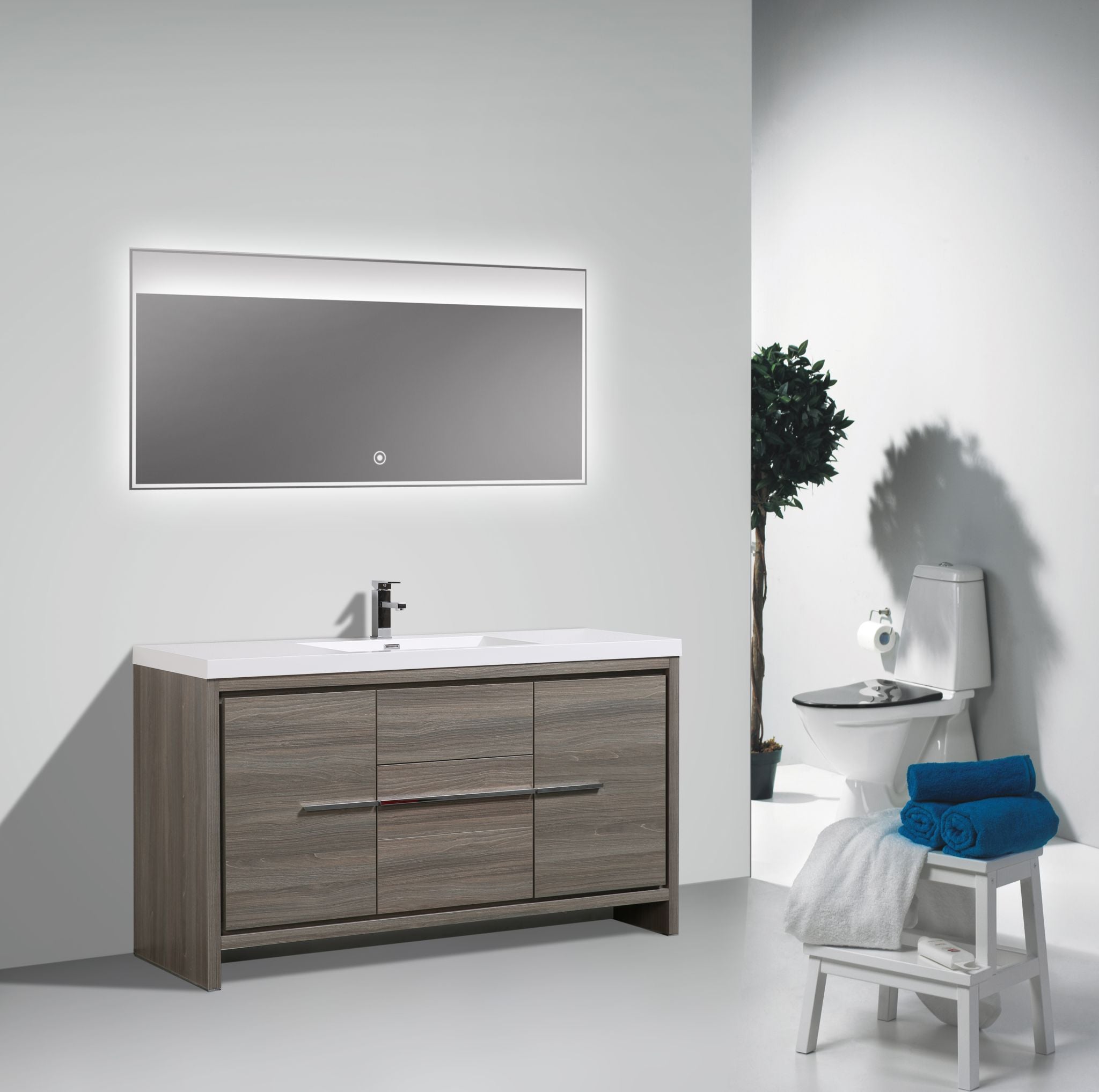 Granada 59 Maple Grey With Chrome Handle Cabinet, Square Cultured Marble Single Sink, Free Standing Modern Vanity Set 