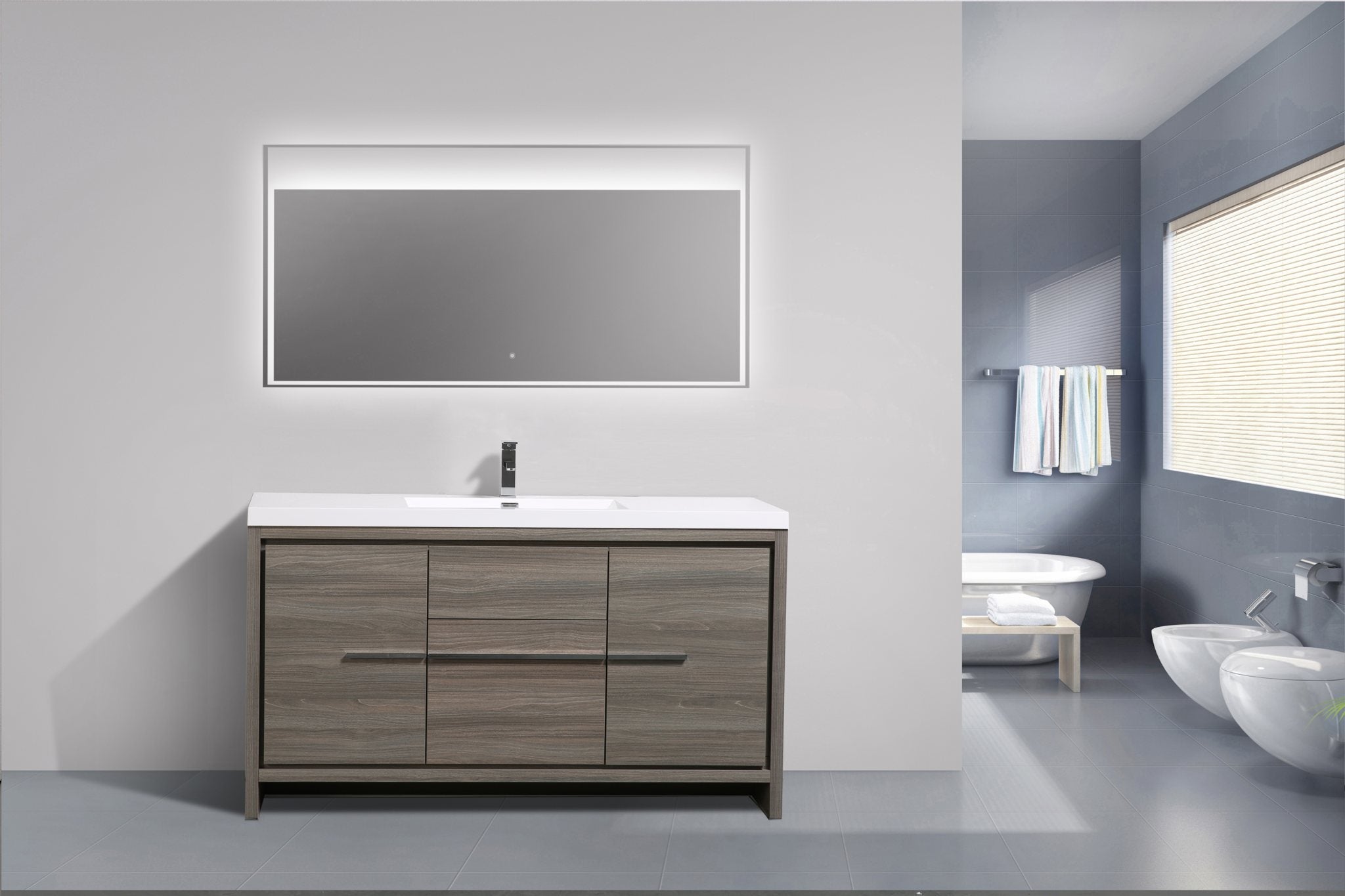 Granada 59 Maple Grey With Chrome Handle Cabinet, Square Cultured Marble Single Sink, Free Standing Modern Vanity Set 