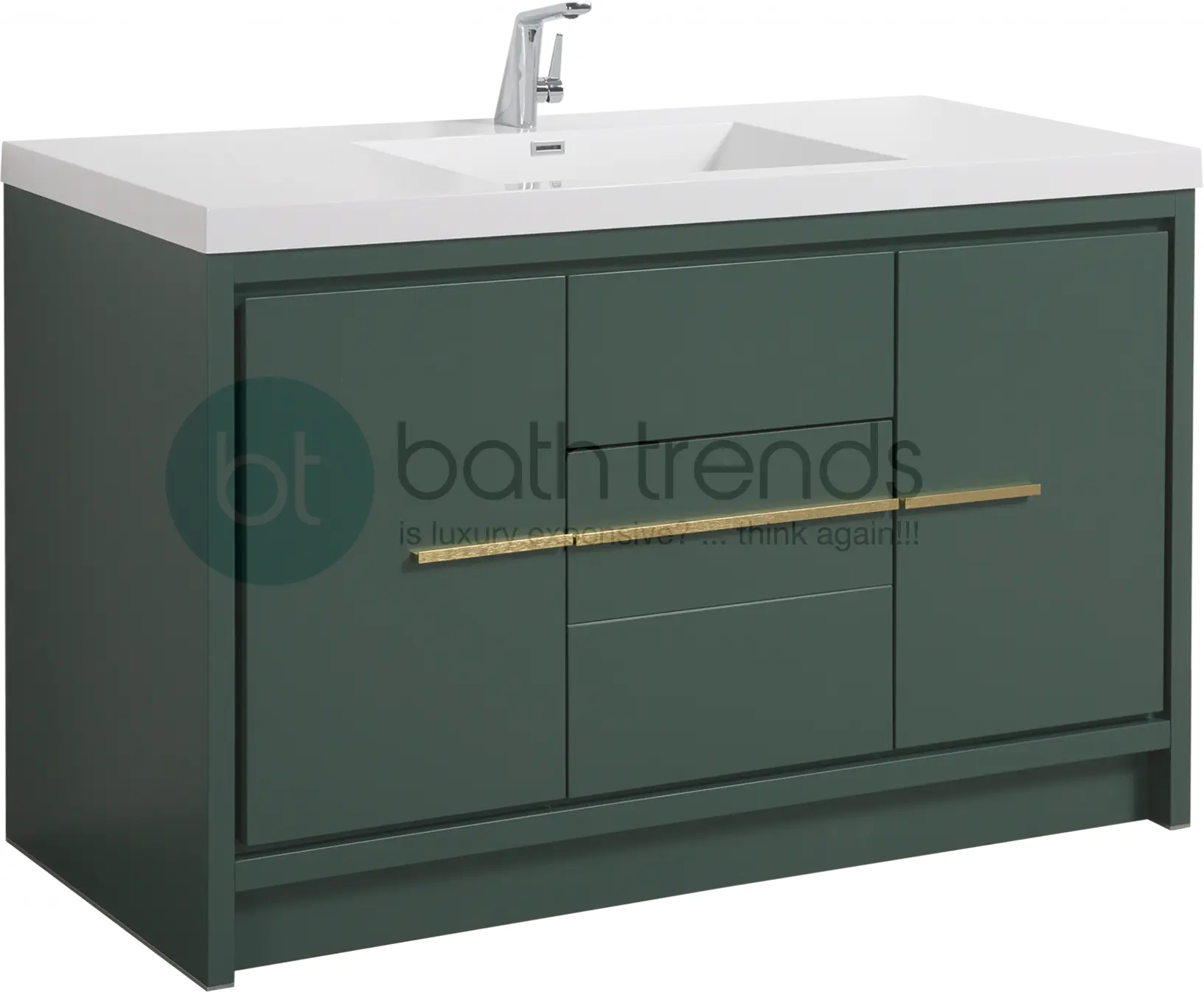 Granada 59 Nordic Green With Brush Gold Handle Cabinet, Square Cultured Marble Single Sink, Free Standing Modern Vanity Set 