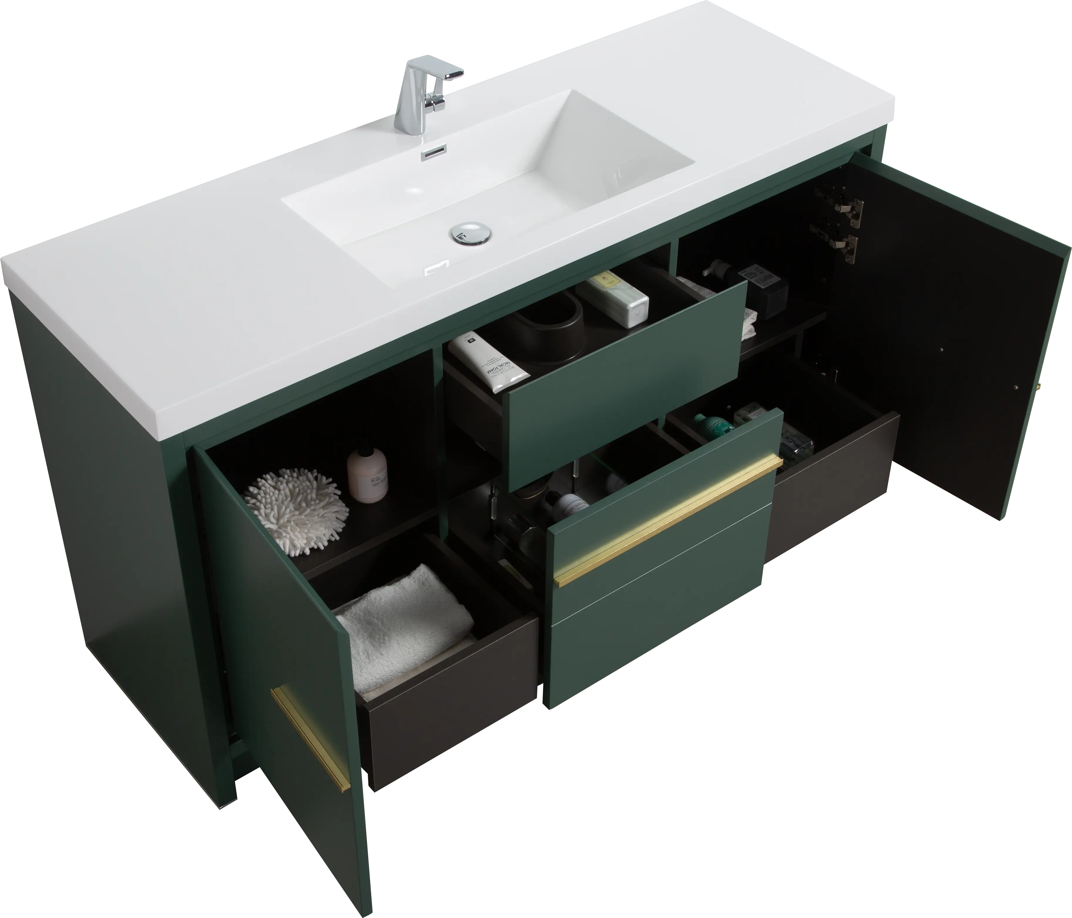 Granada 59 Nordic Green With Brush Gold Handle Cabinet, Square Cultured Marble Single Sink, Free Standing Modern Vanity Set 