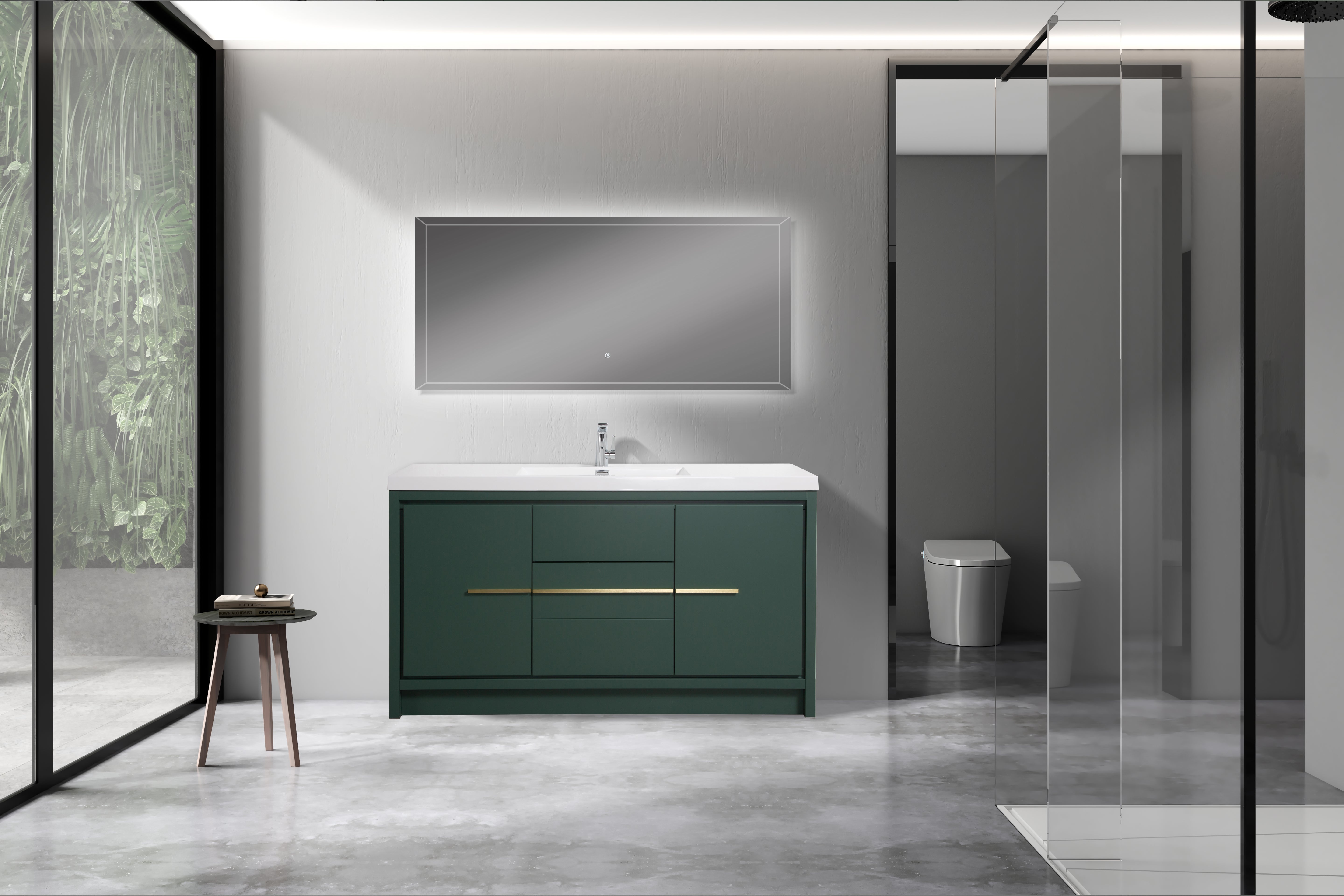 Granada 59 Nordic Green With Brush Gold Handle Cabinet, Square Cultured Marble Single Sink, Free Standing Modern Vanity Set