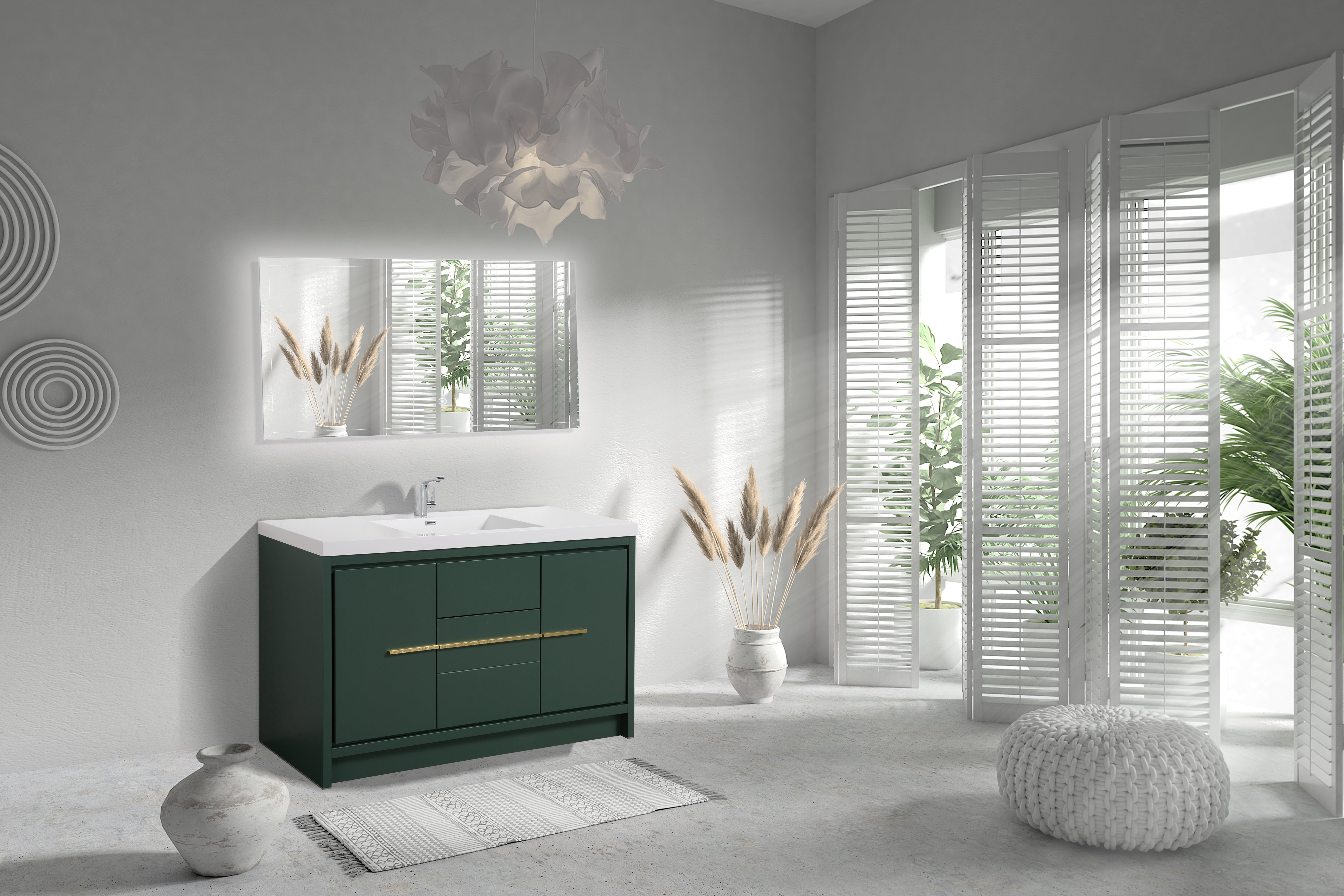 Granada 59 Nordic Green With Brush Gold Handle Cabinet, Square Cultured Marble Single Sink, Free Standing Modern Vanity Set