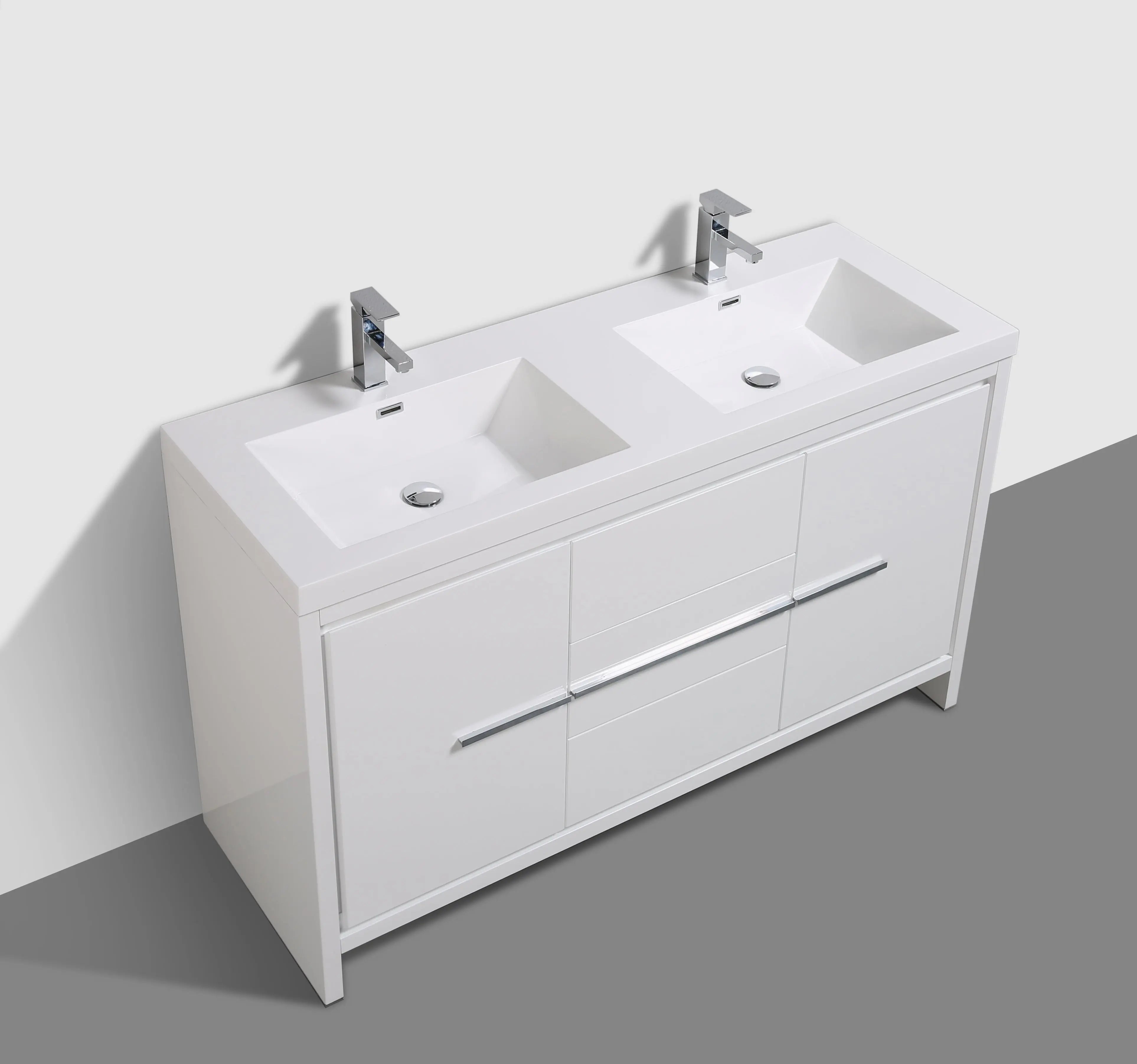 Granada 59 White High Gloss With Chrome Handle Cabinet, Square Cultured Marble Double Sink, Free Standing Modern Vanity Set 