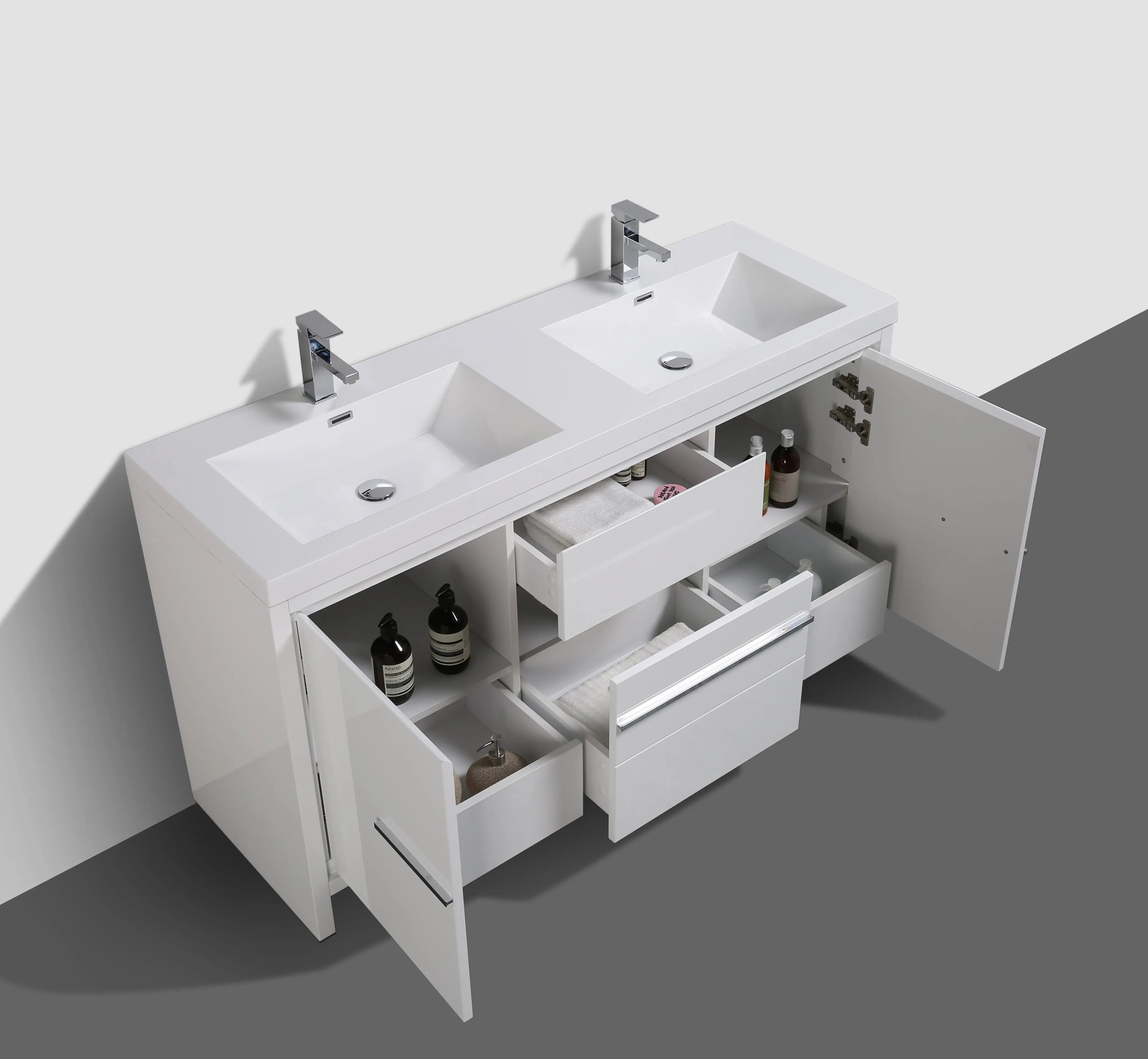Granada 59 White High Gloss With Chrome Handle Cabinet, Square Cultured Marble Double Sink, Free Standing Modern Vanity Set 