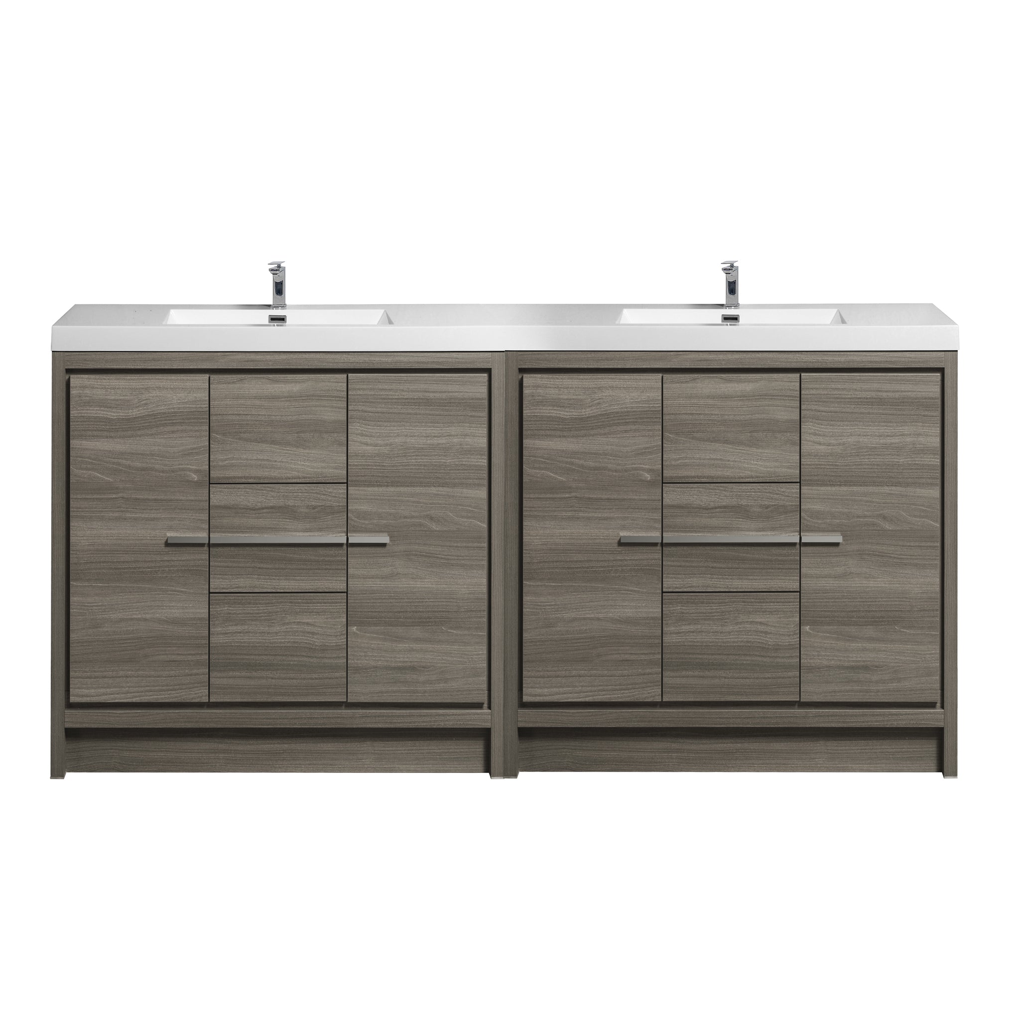 Granada 71 Maple Grey With Chrome Handle Cabinet, Square Cultured Marble Double Sink, Free Standing Modern Vanity Set 