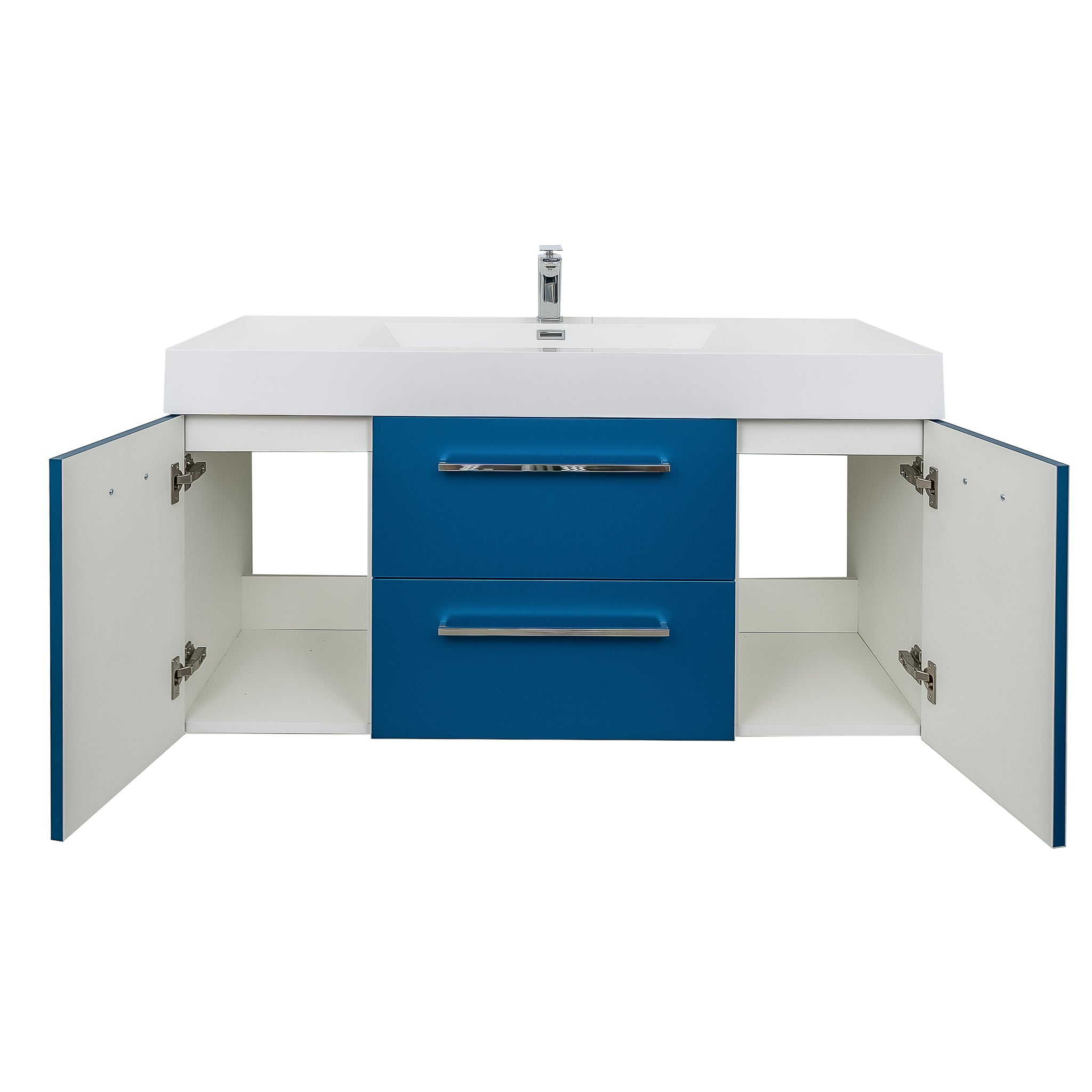 Maya Duo 47.5 Matte Blue Cabinet, Square Cultured Marble Sink, Wall Mounted Modern Vanity Set