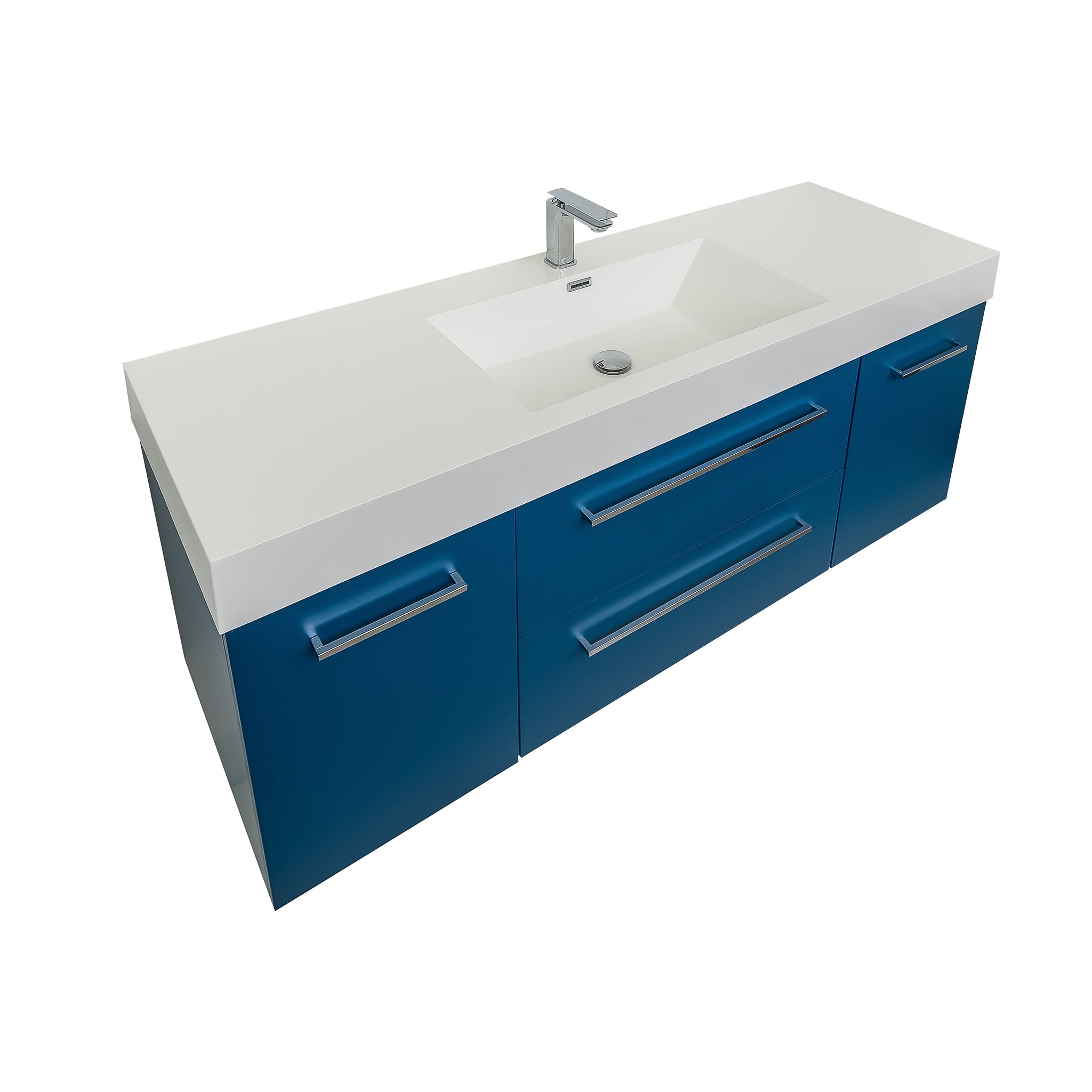 Maya Duo 59 Matte Blue Cabinet, Square Cultured Marble Sink, Wall Mounted Modern Vanity Set