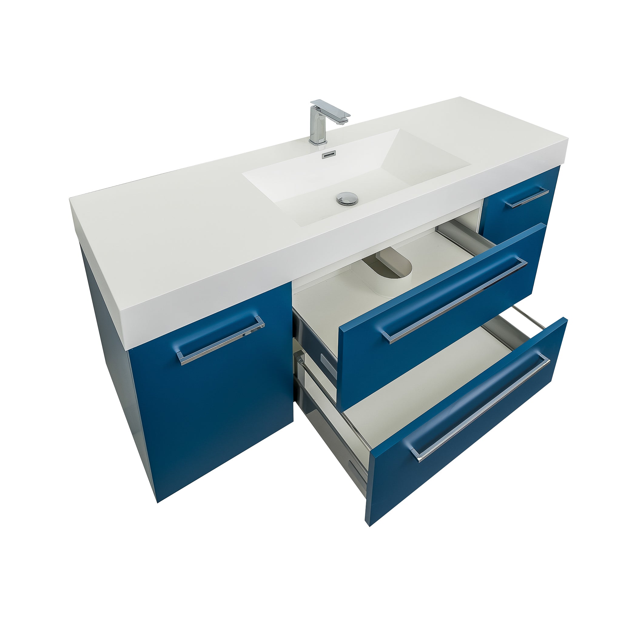 Maya Duo 59 Matte Blue Cabinet, Square Cultured Marble Sink, Wall Mounted Modern Vanity Set