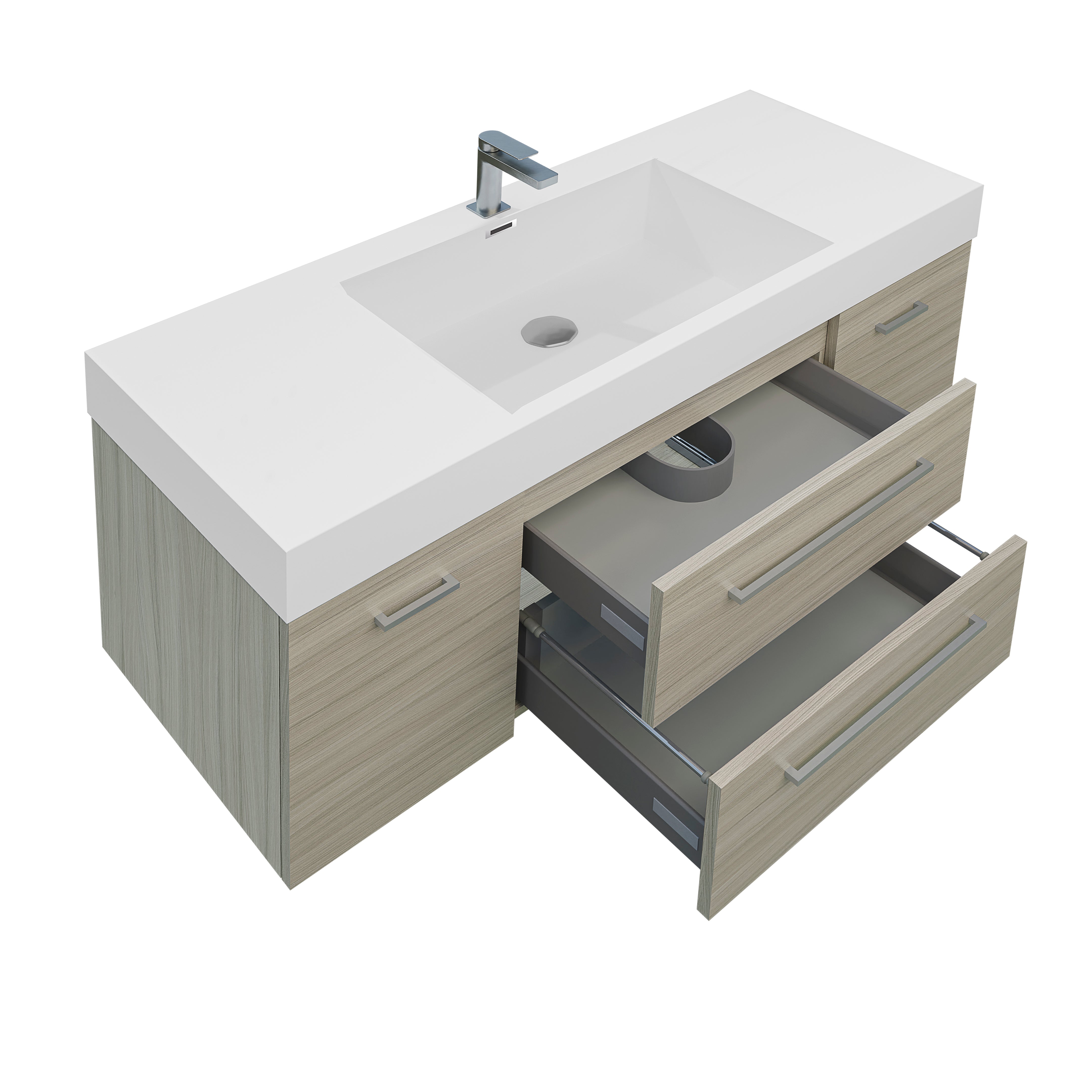 Maya Duo 59 Nilo Grey Wood Texture Cabinet, Square Cultured Marble Sink, Wall Mounted Modern Vanity Set