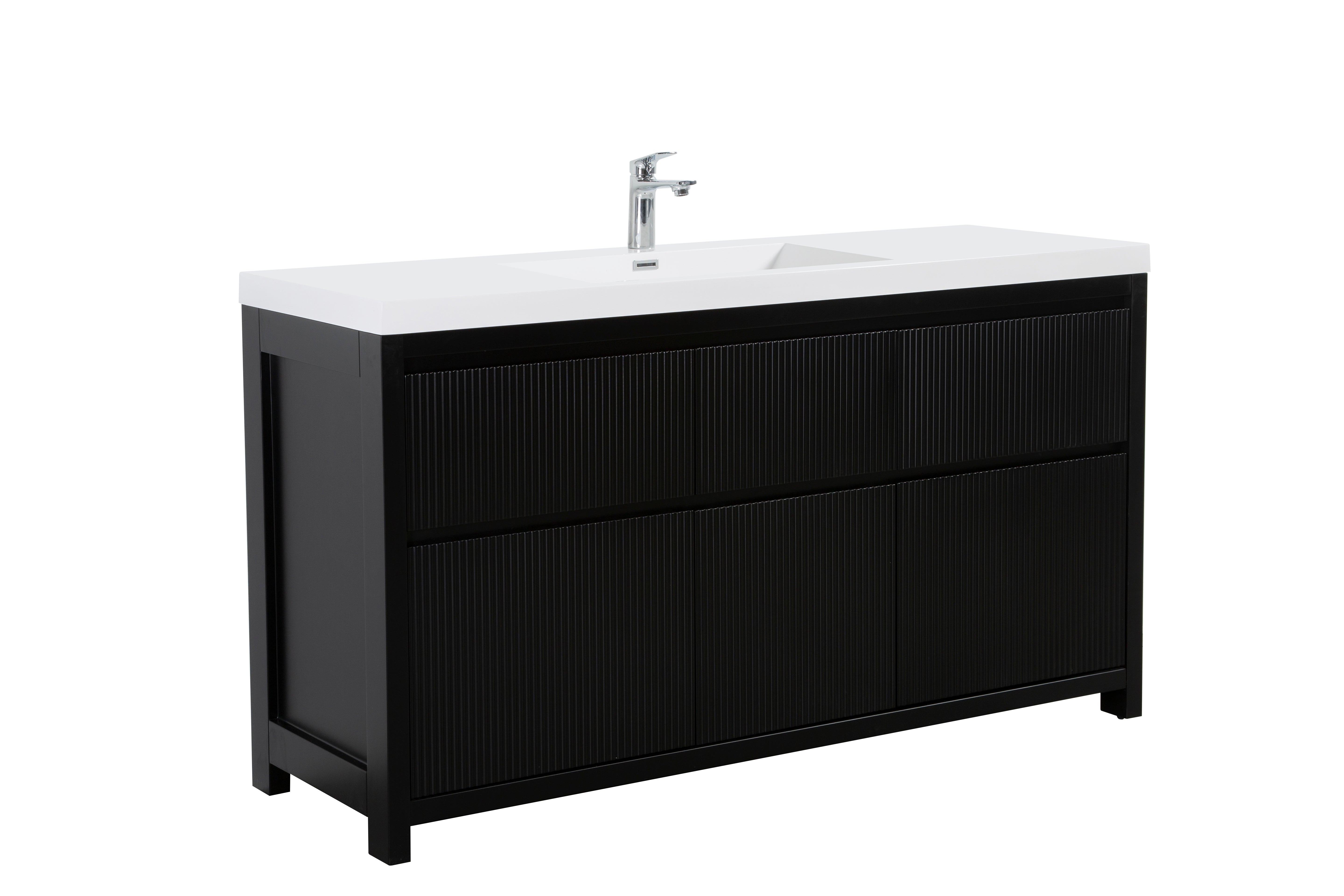 Neos 59 Matte Black Cabinet, Square Cultured Marble Single Sink, Free Standing Modern Vanity Set