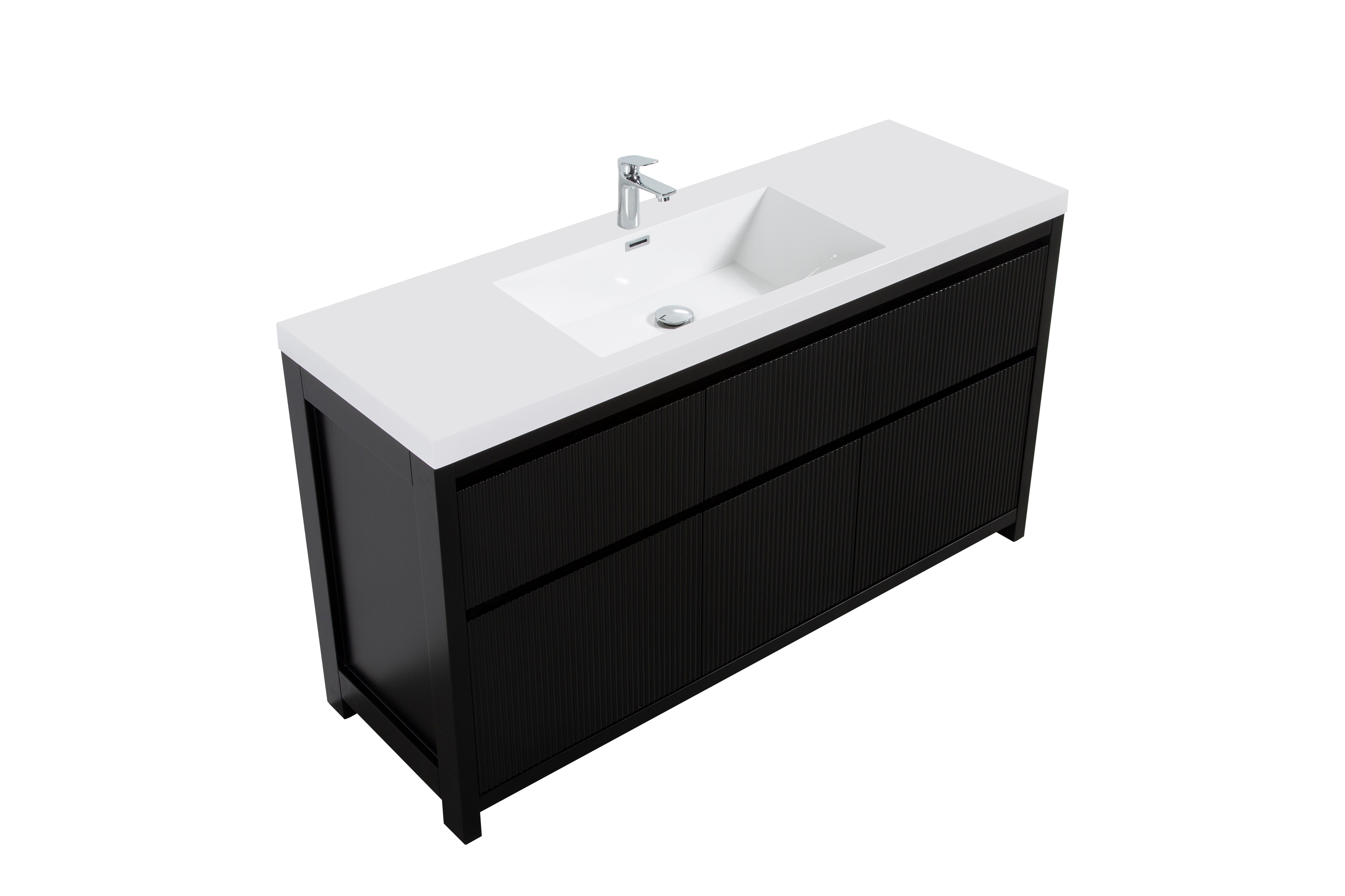 Neos 59 Matte Black Cabinet, Square Cultured Marble Single Sink, Free Standing Modern Vanity Set 