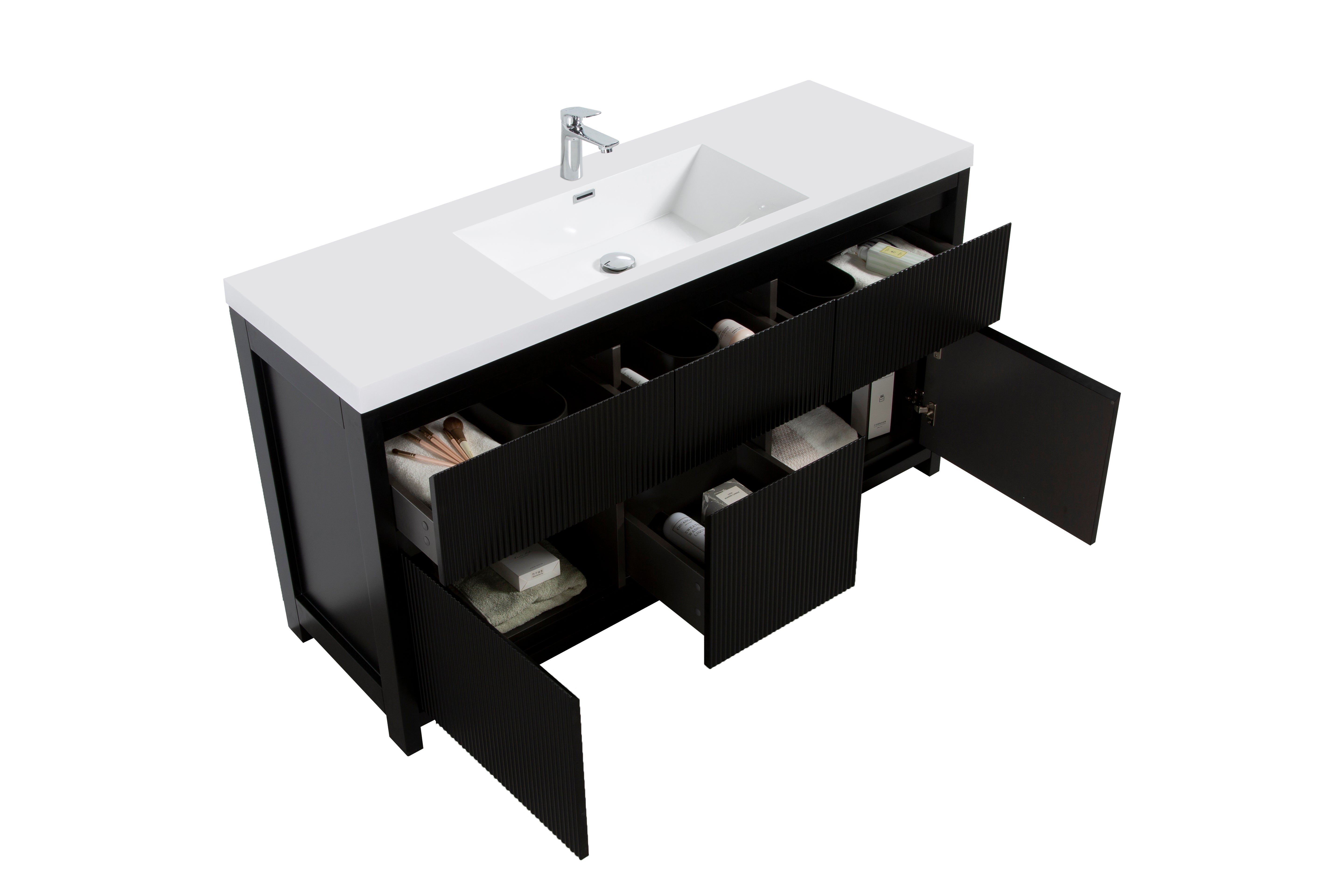 Neos 59 Matte Black Cabinet, Square Cultured Marble Single Sink, Free Standing Modern Vanity Set