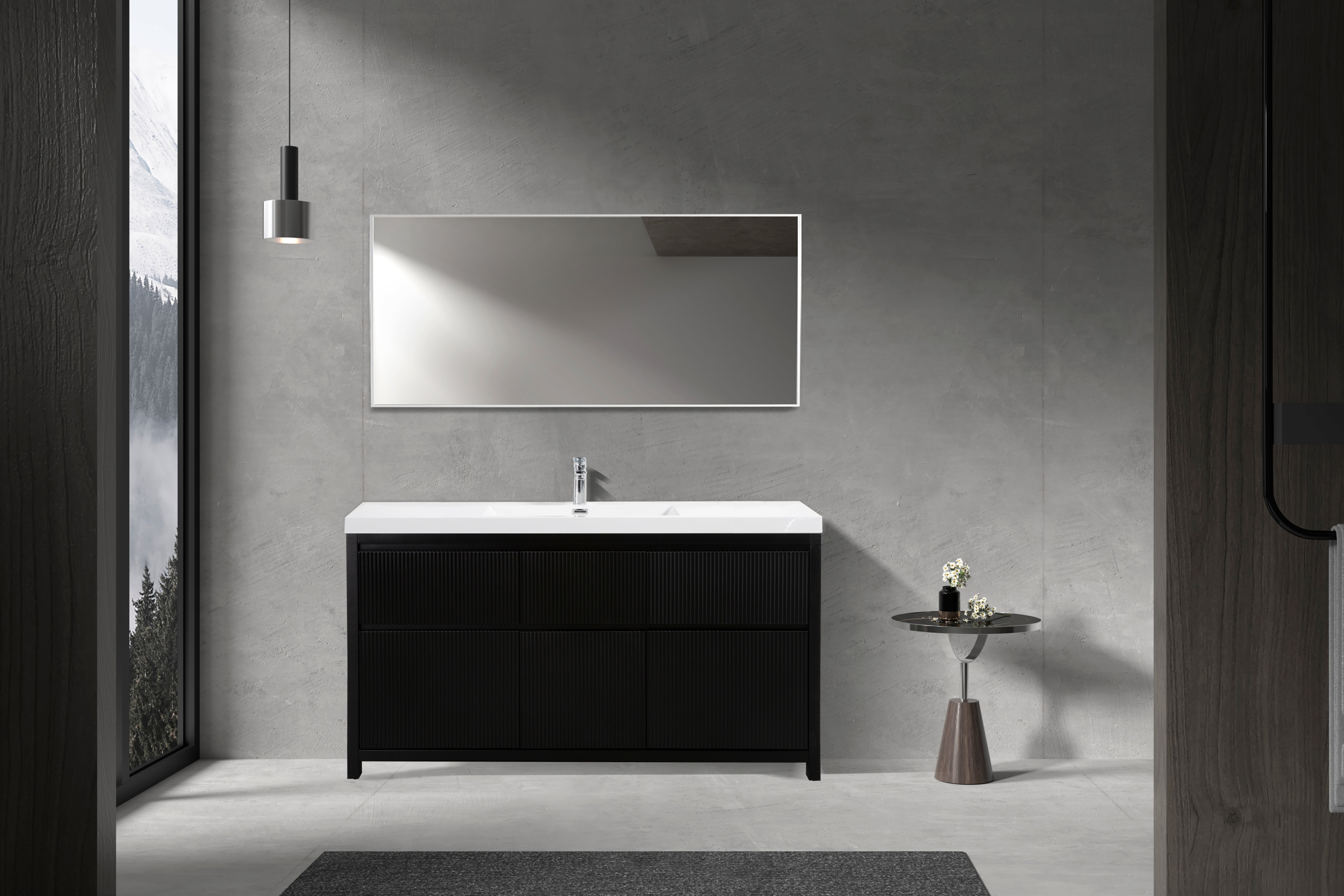 Neos 59 Matte Black Cabinet, Square Cultured Marble Single Sink, Free Standing Modern Vanity Set