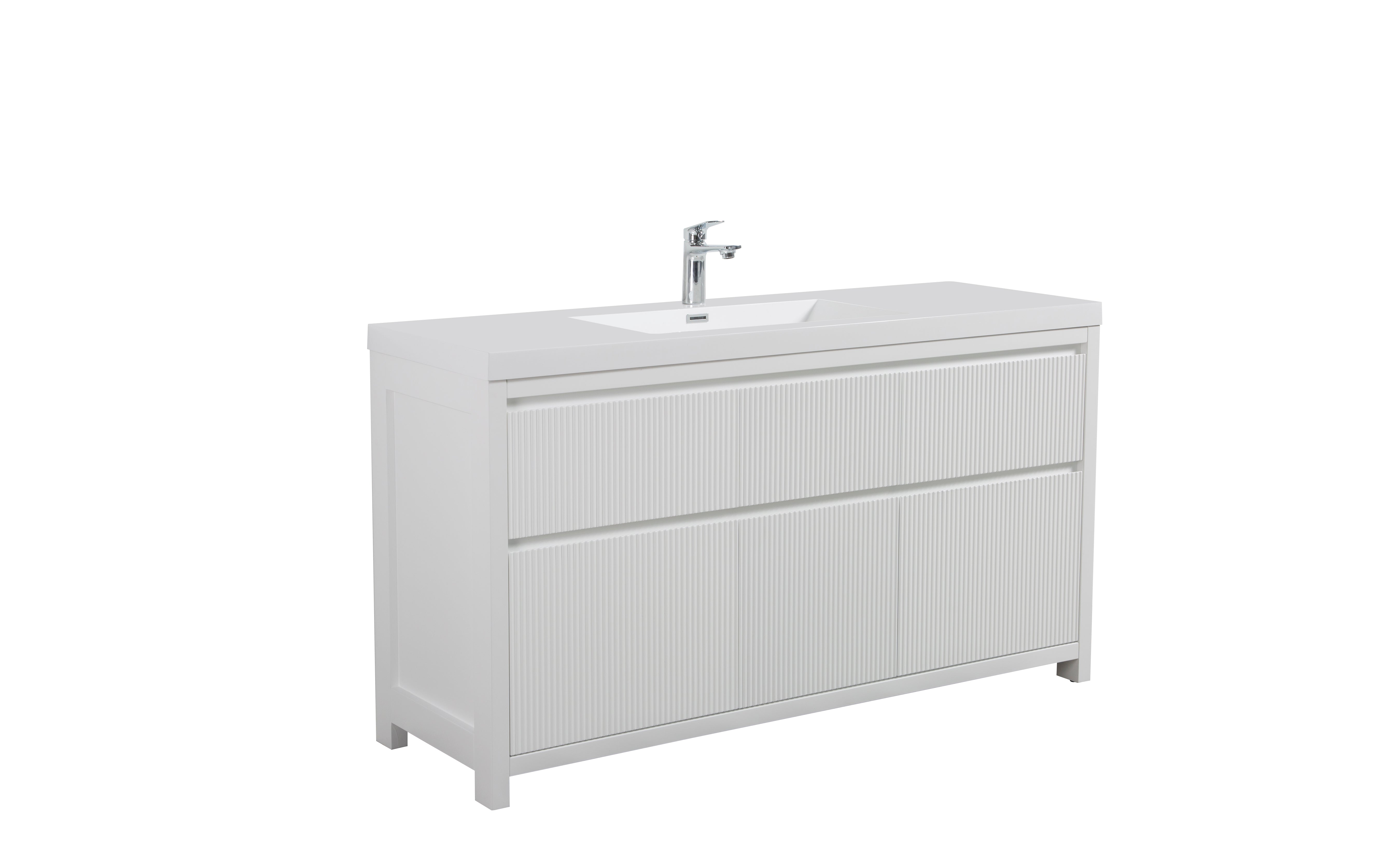 Neos 59 Matte White Cabinet, Square Cultured Marble Single Sink, Free Standing Modern Vanity Set