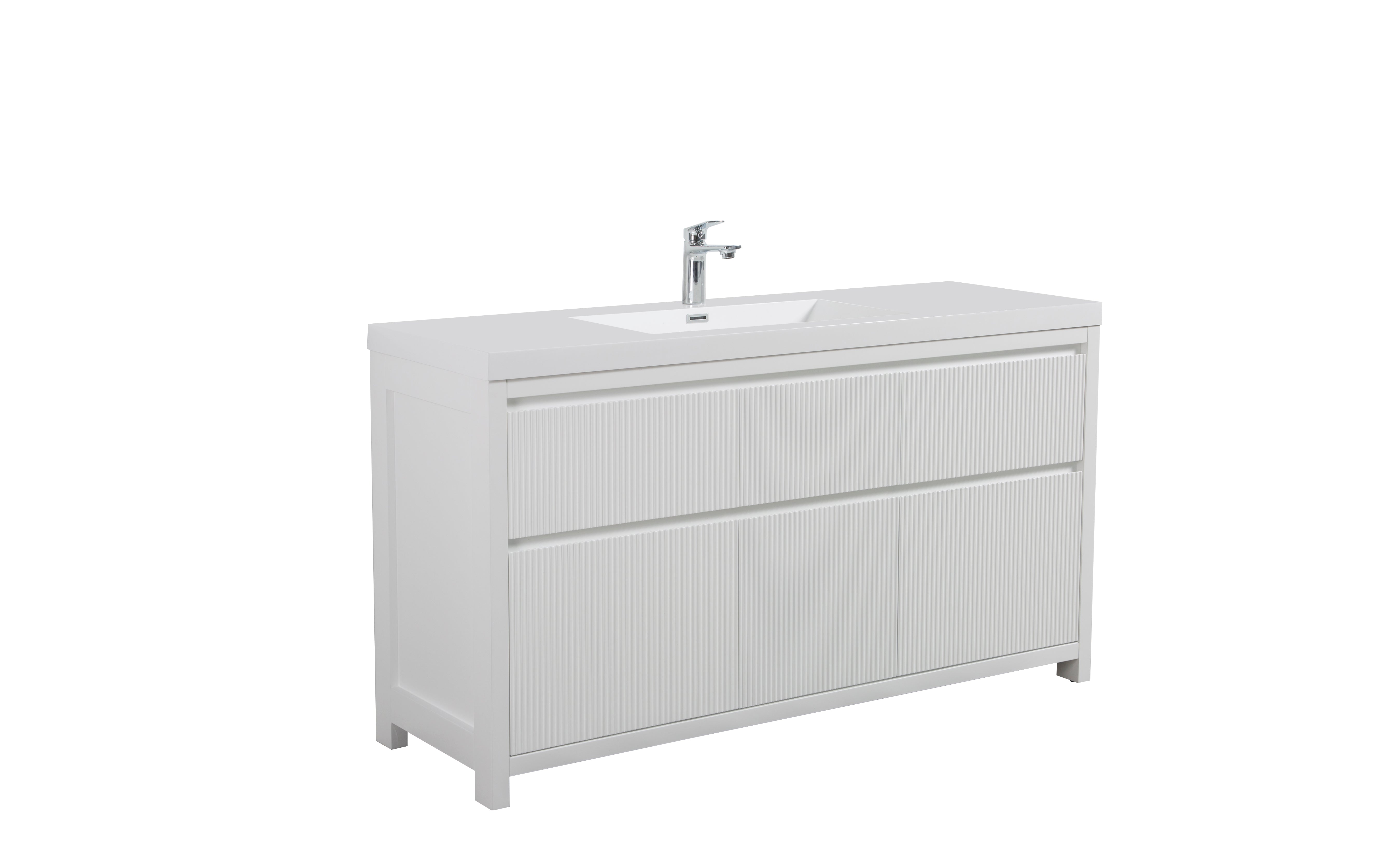 Neos 59 Matte White Cabinet, Square Cultured Marble Single Sink, Free Standing Modern Vanity Set 