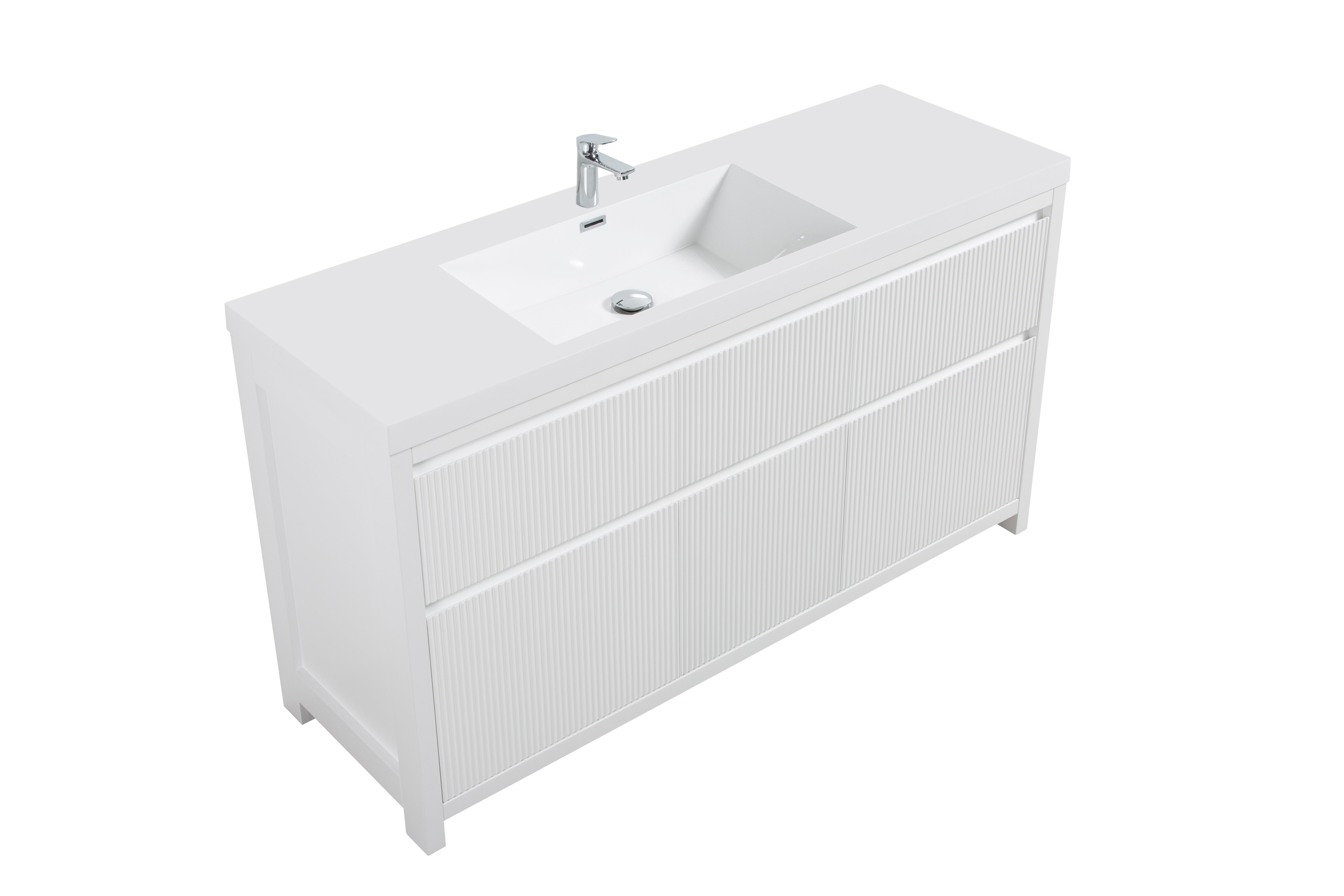 Neos 59 Matte White Cabinet, Square Cultured Marble Single Sink, Free Standing Modern Vanity Set