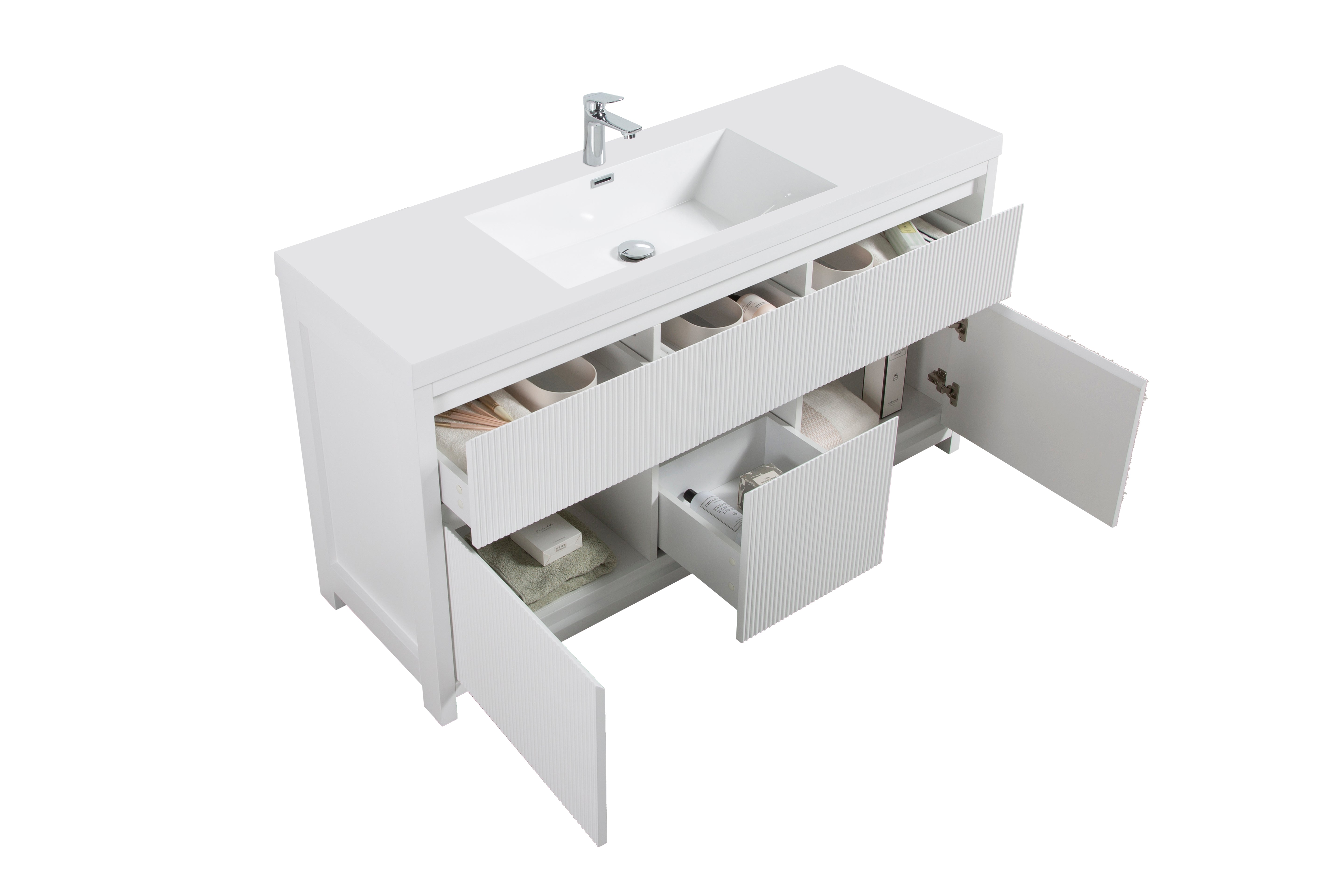 Neos 59 Matte White Cabinet, Square Cultured Marble Single Sink, Free Standing Modern Vanity Set