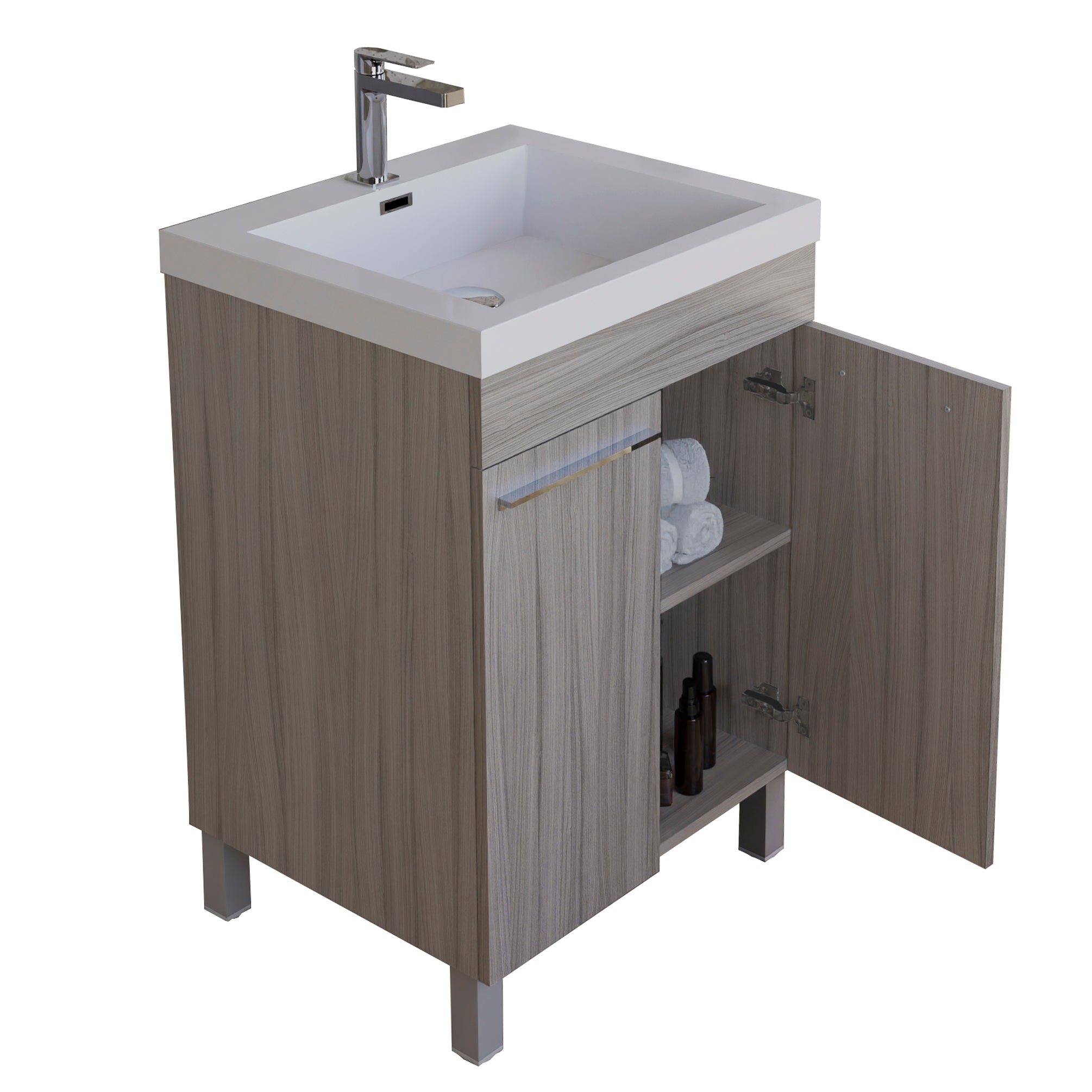 Ocean 23.5 Nilo Grey Wood Texture Cabinet, Square Cultured Marble Sink, Free Standing Vanity Set