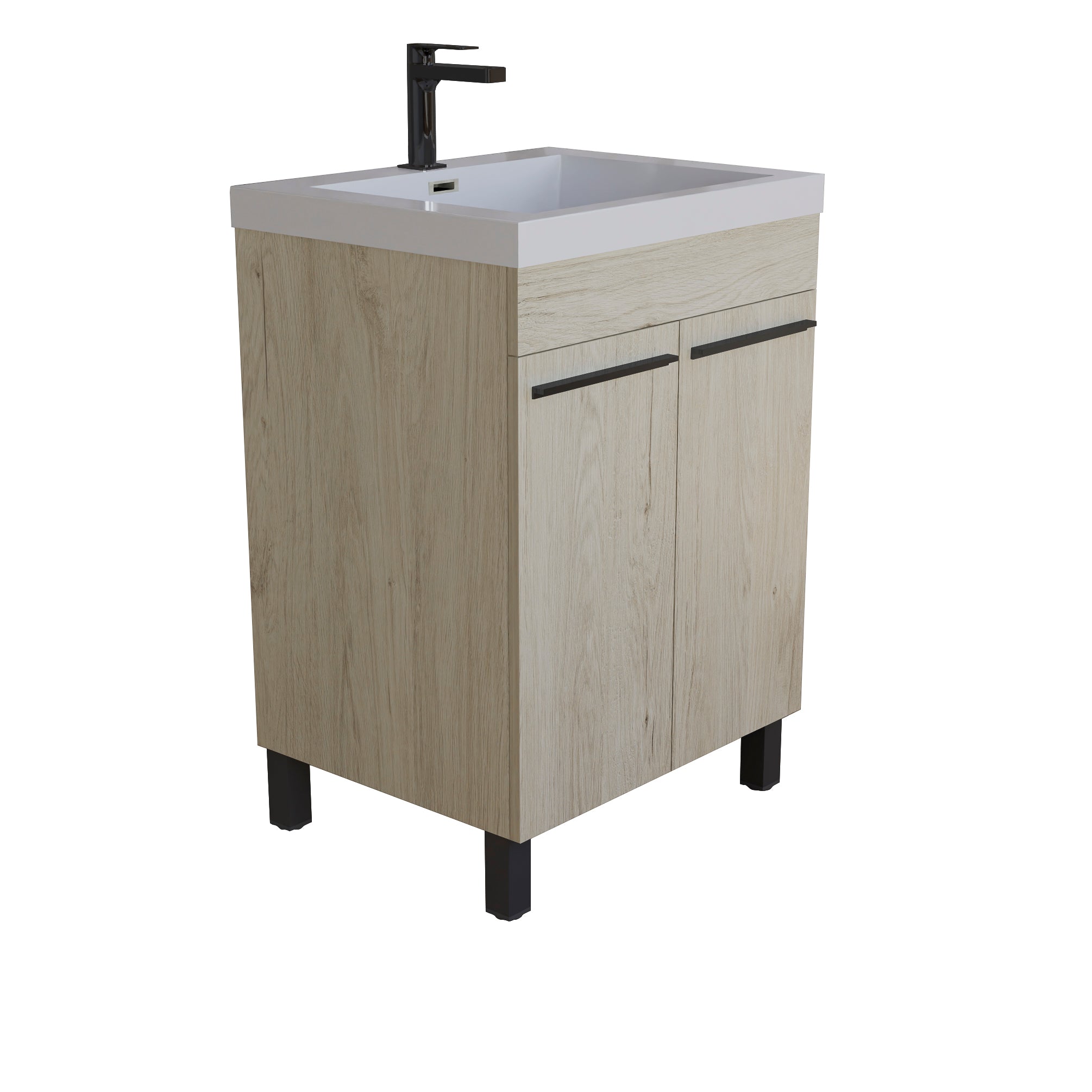 Ocean 23.5 Oak Cabinet, Square Cultured Marble Sink, Free Standing Vanity Set