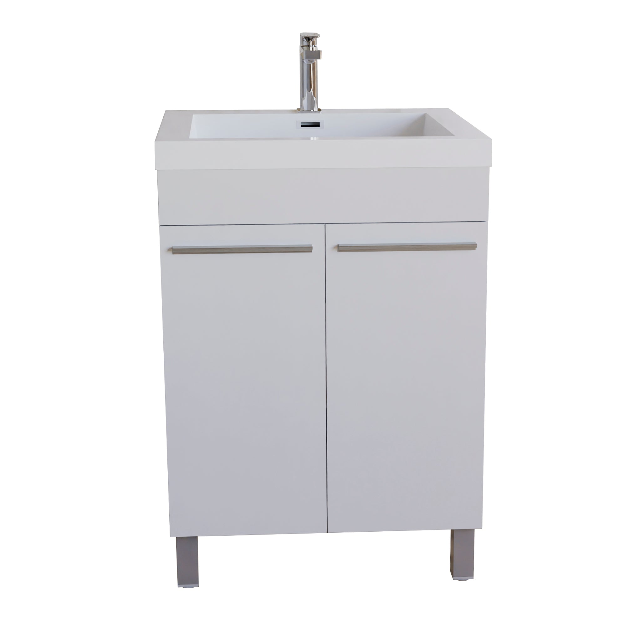 Ocean 23.5 White High Gloss Cabinet, Square Cultured Marble Sink, Free Standing Vanity Set