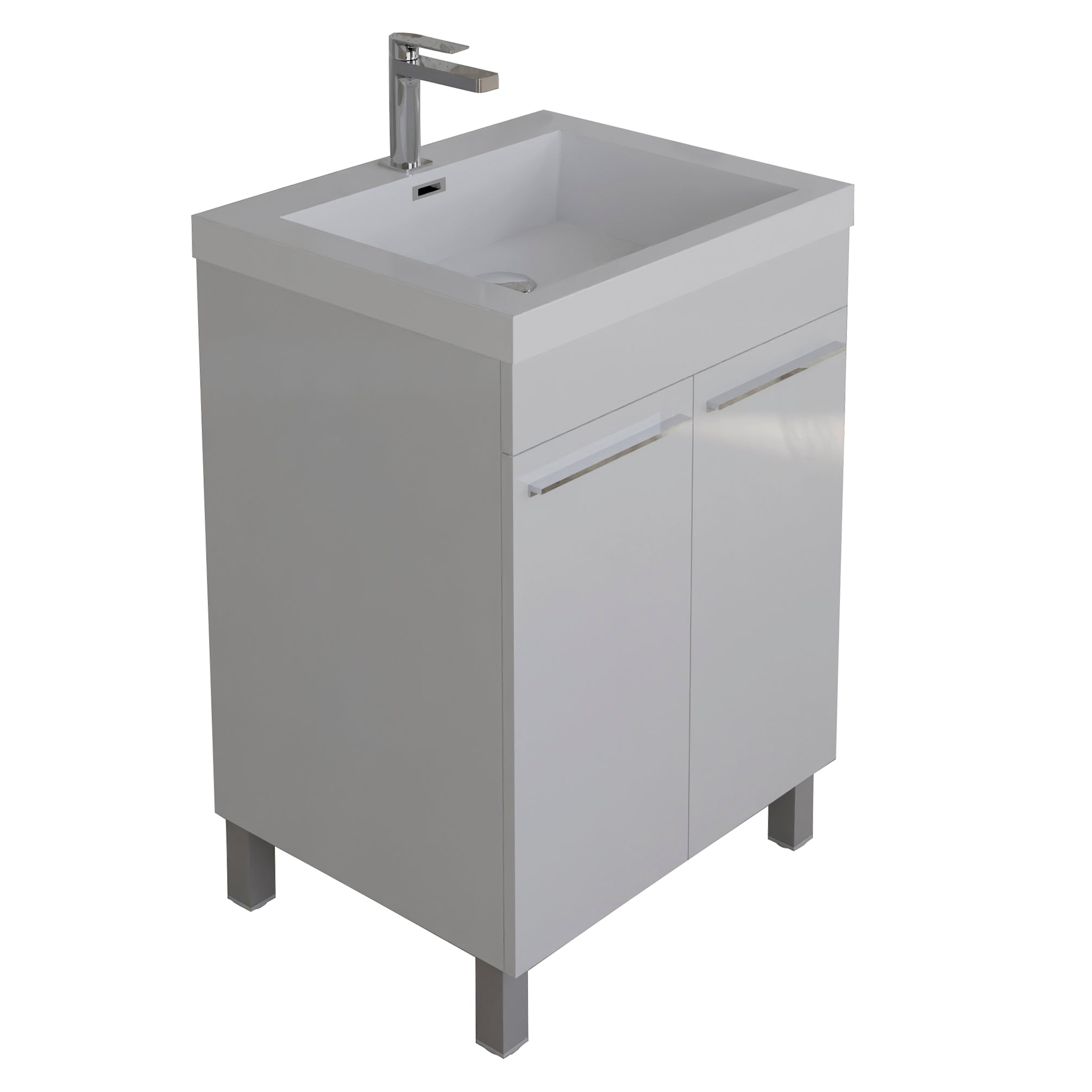 Ocean 23.5 White High Gloss Cabinet, Square Cultured Marble Sink, Free Standing Vanity Set