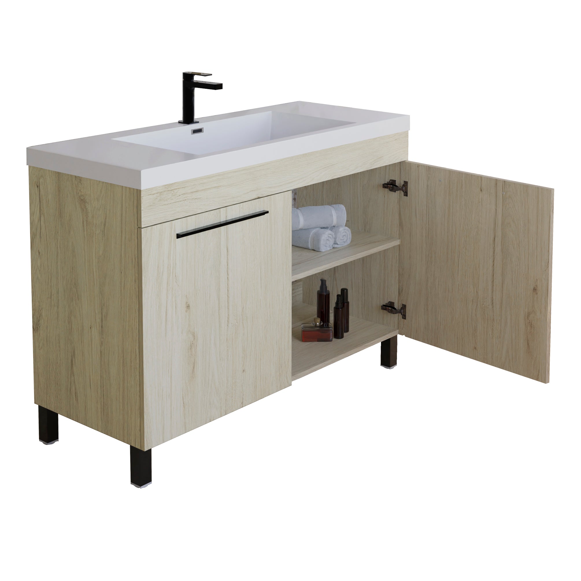 Ocean 31.5 Oak Cabinet, Square Cultured Marble Sink, Free Standing Vanity Set