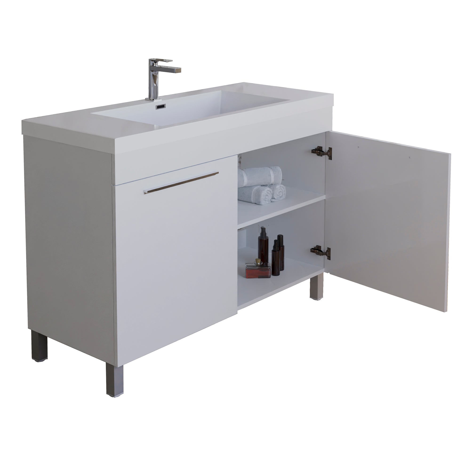 Ocean 31.5 White High Gloss Cabinet, Square Cultured Marble Sink, Free Standing Vanity Set