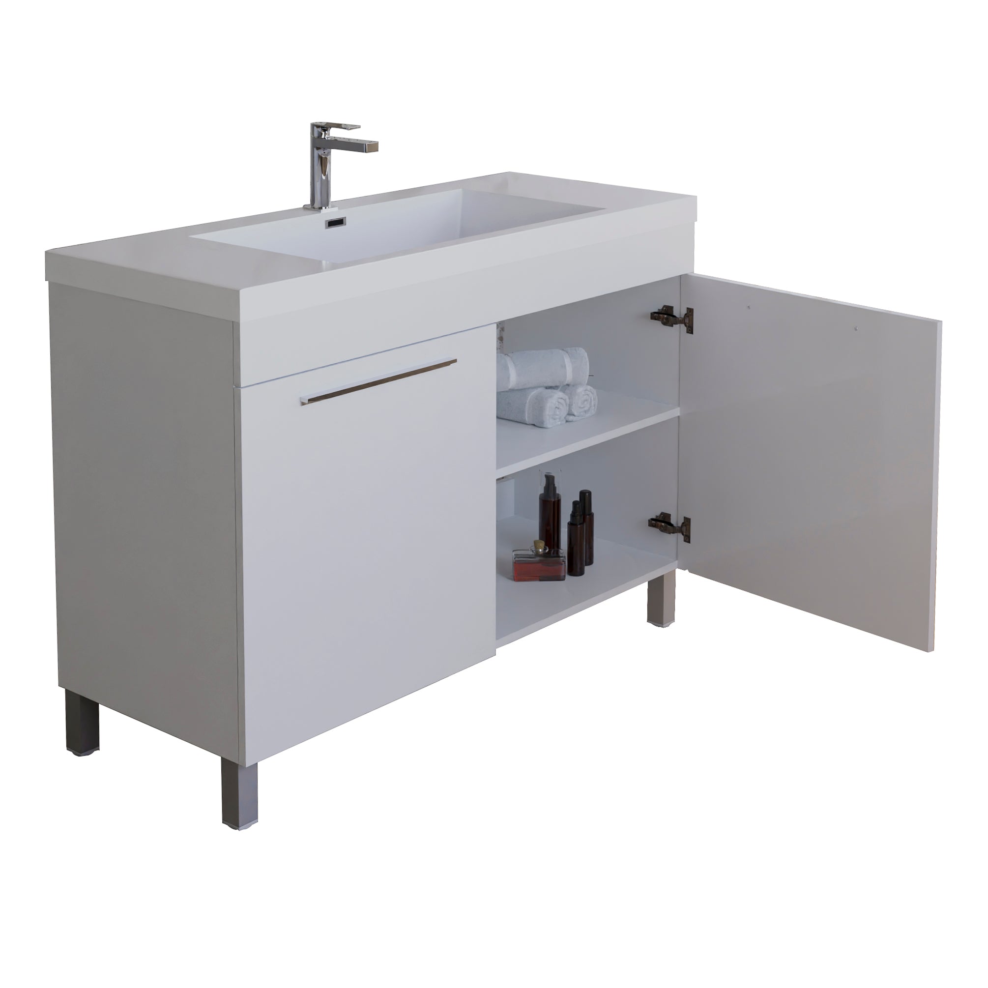 Ocean 47.5 White High Gloss Cabinet, Square Cultured Marble Sink, Free Standing Vanity Set