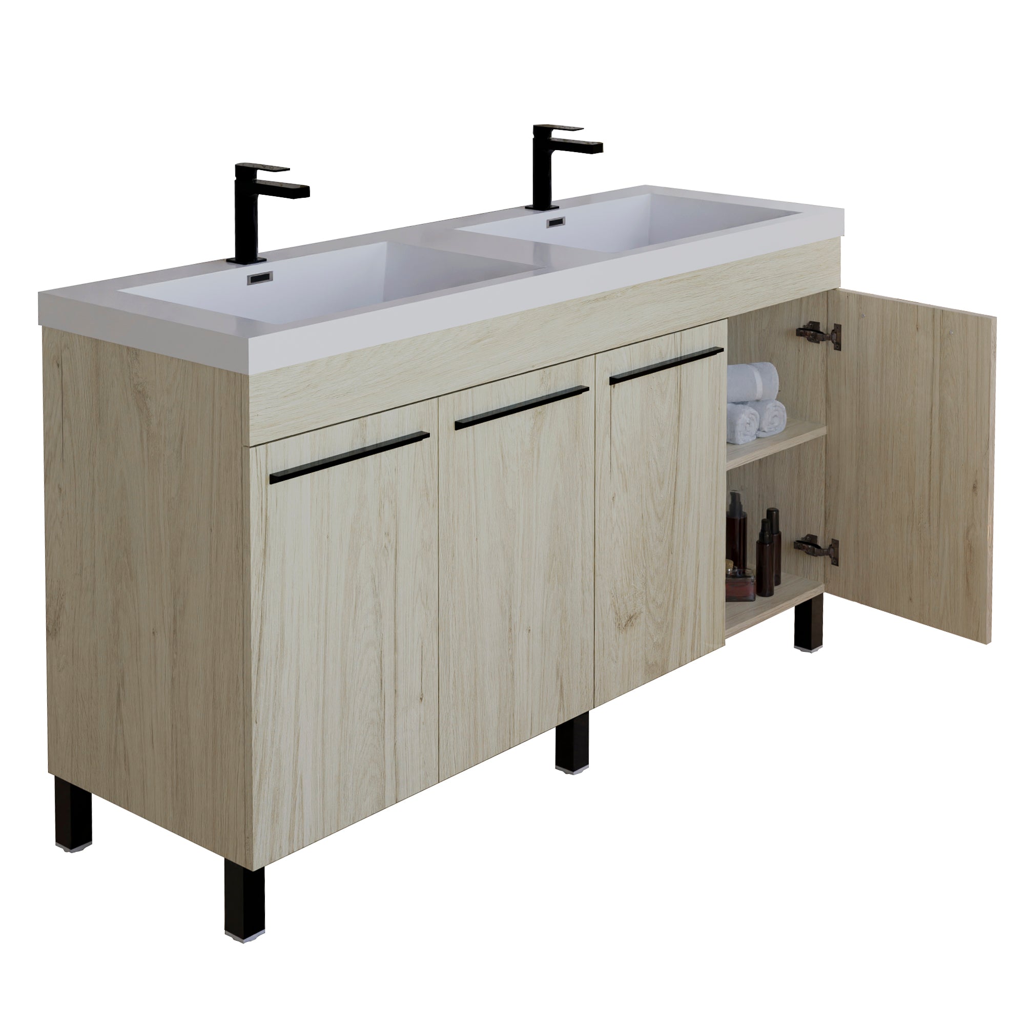 Ocean 59 Oak Cabinet, Square Cultured Marble Sink, Free Standing Vanity Set