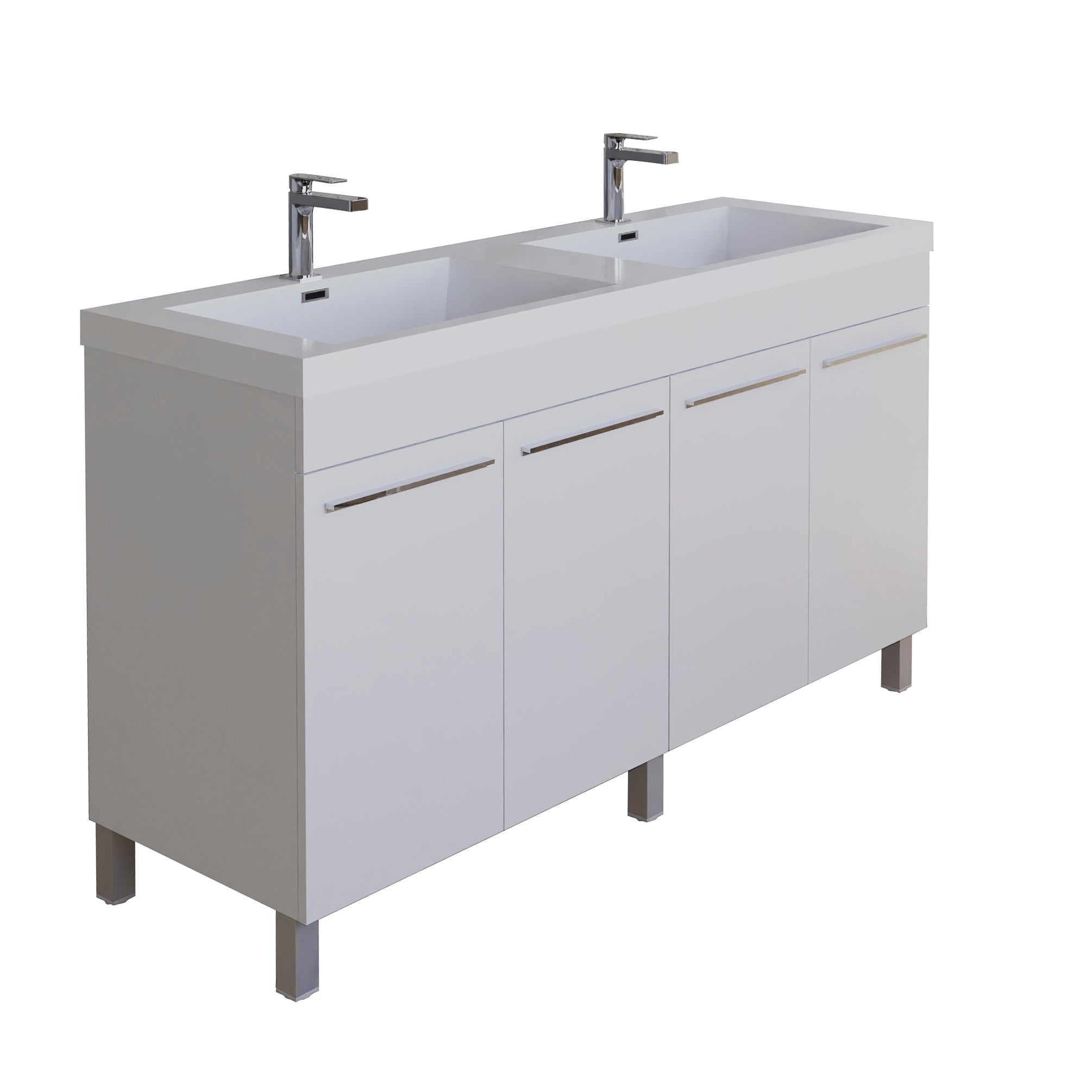 Ocean 59 White High Gloss Cabinet, Square Cultured Marble Sink, Free Standing Vanity Set