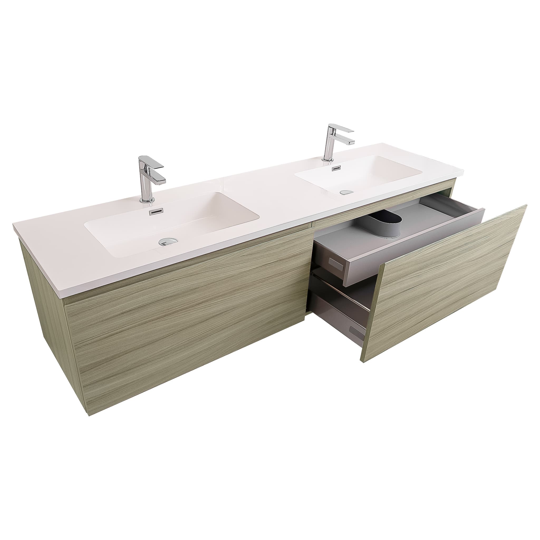 Venice 72 Nilo Grey Wood Texture Cabinet, Square Cultured Double Marble Sink, Wall Mounted Modern Vanity Set Bath Trends USA