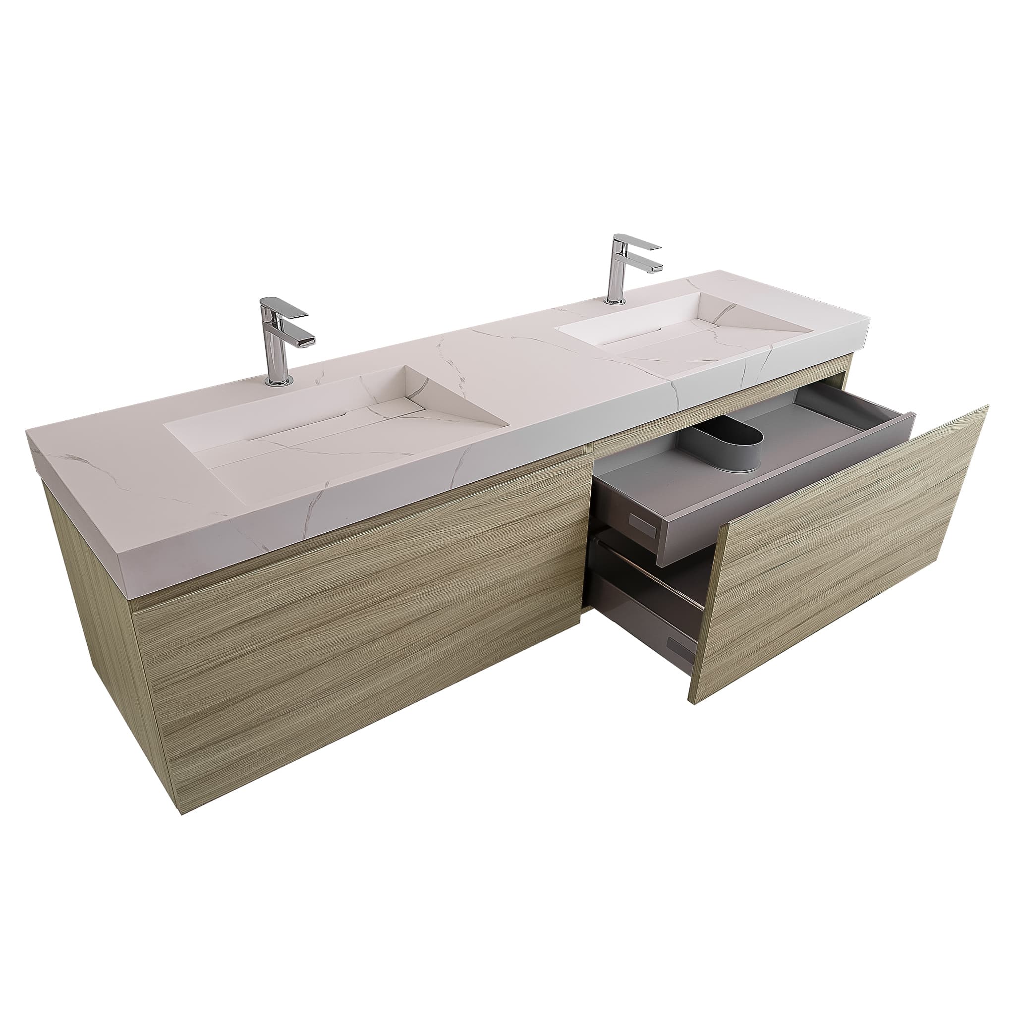 Venice 72 Nilo Grey Wood Texture Cabinet, Solid Surface Matte White Top Carrara Infinity Double Sink, Wall Mounted Modern Vanity Set