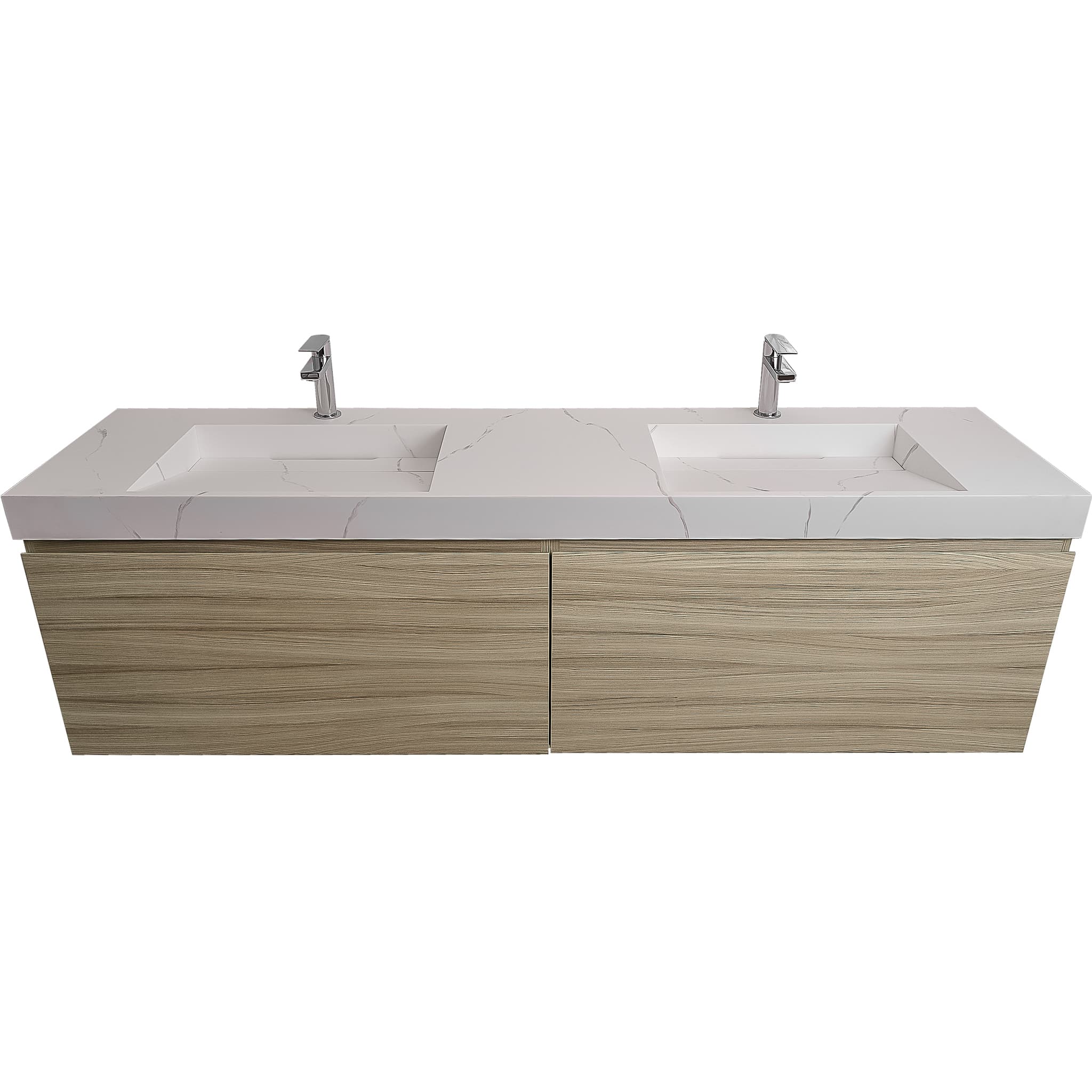 Venice 72 Nilo Grey Wood Texture Cabinet, Solid Surface Matte White Top Carrara Infinity Double Sink, Wall Mounted Modern Vanity Set