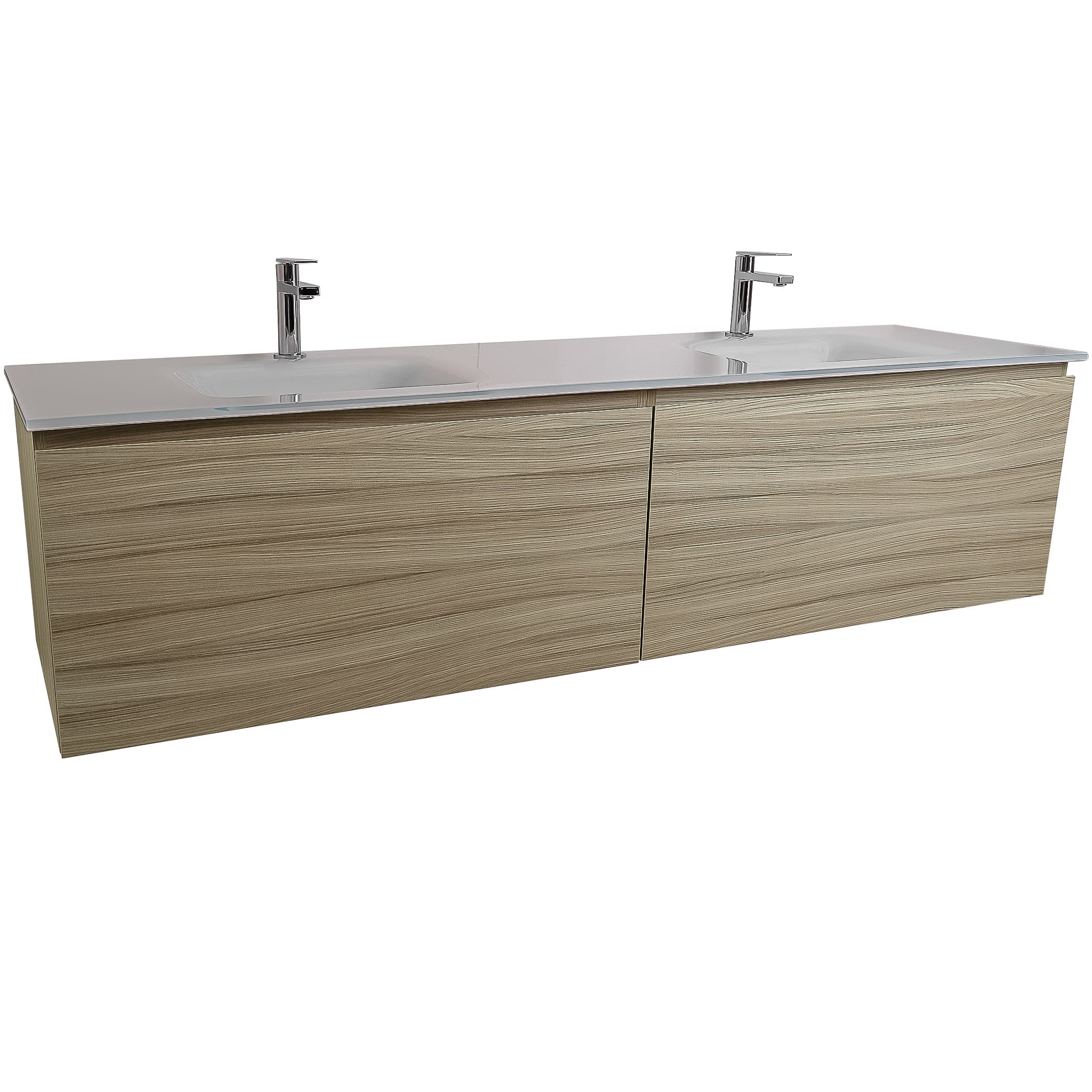 Venice 72 Nilo Grey Wood Texture Cabinet, White Tempered Glass Double Sink, Wall Mounted Modern Vanity Set