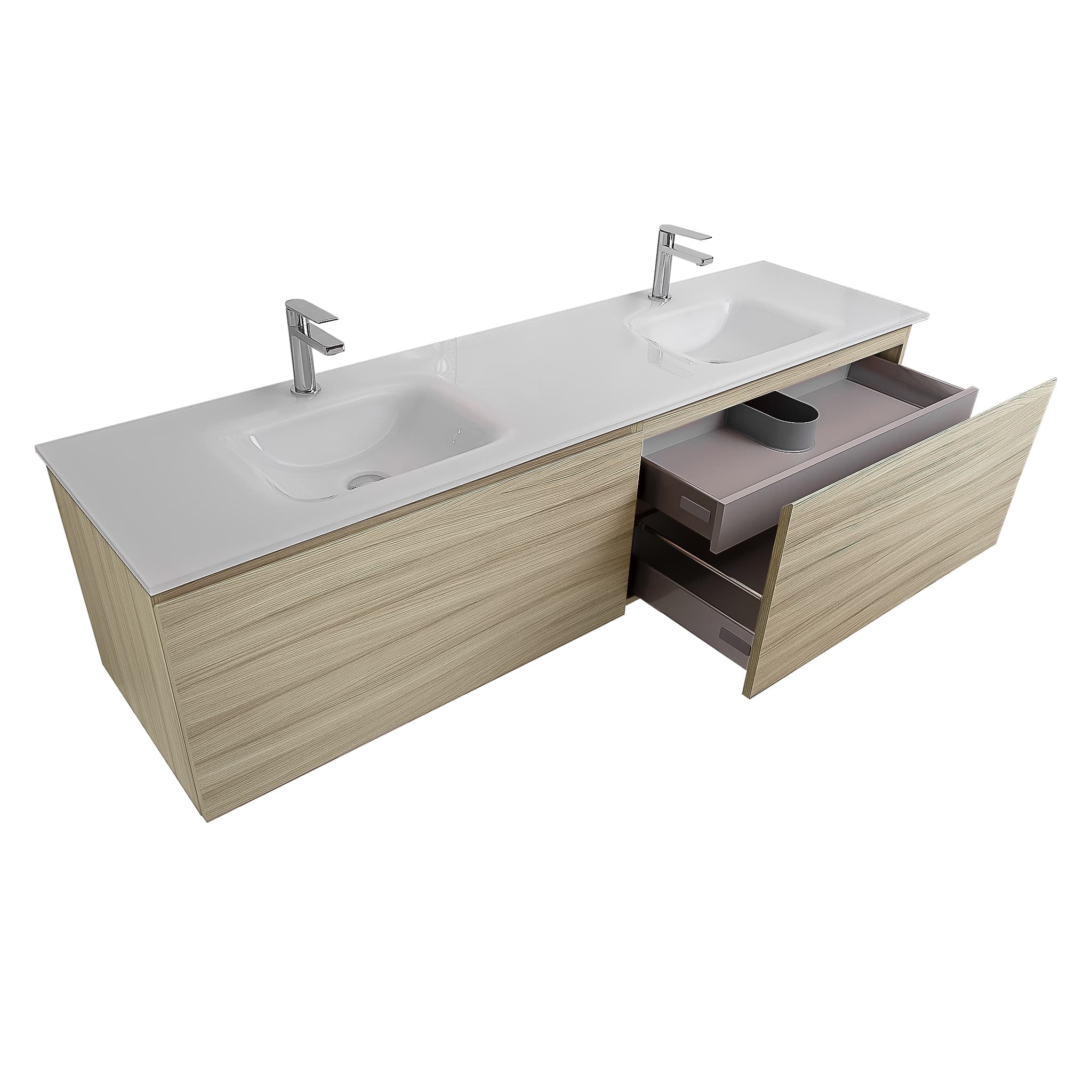 Venice 72 Nilo Grey Wood Texture Cabinet, White Tempered Glass Double Sink, Wall Mounted Modern Vanity Set