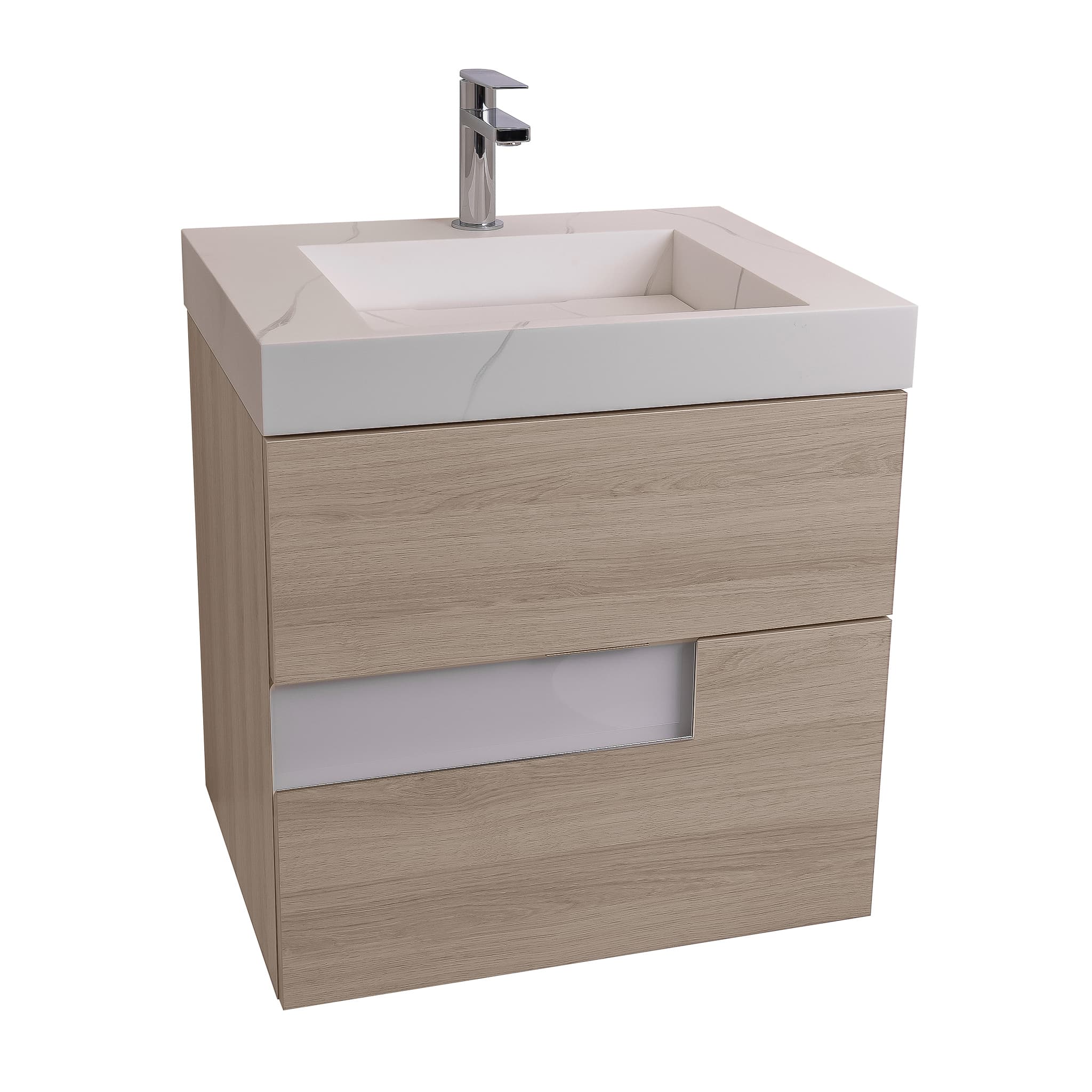 Vision 23.5 Natural Light Wood Cabinet, Solid Surface Matte White Top Carrara Infinity Sink, Wall Mounted Modern Vanity Set