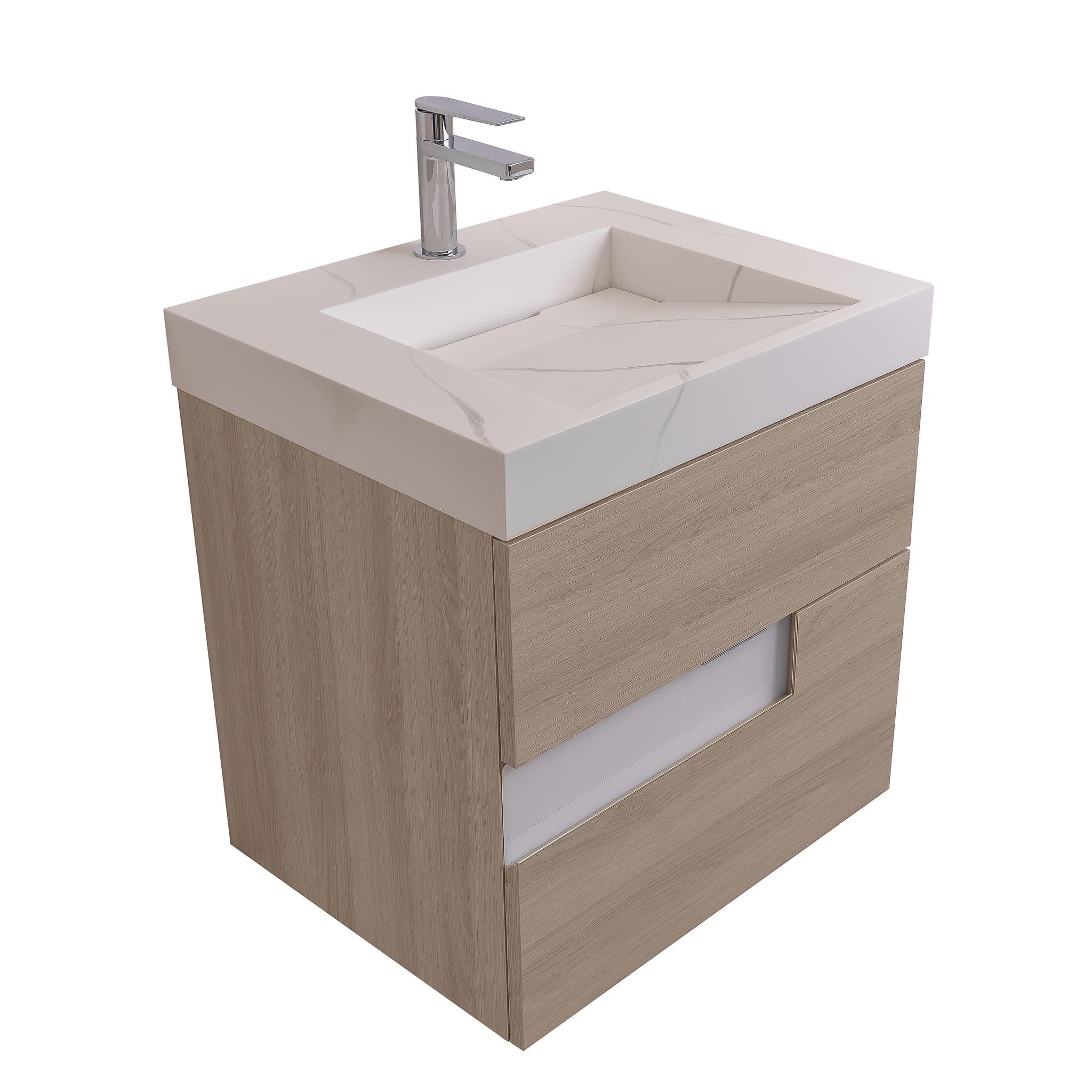 Vision 23.5 Natural Light Wood Cabinet, Solid Surface Matte White Top Carrara Infinity Sink, Wall Mounted Modern Vanity Set