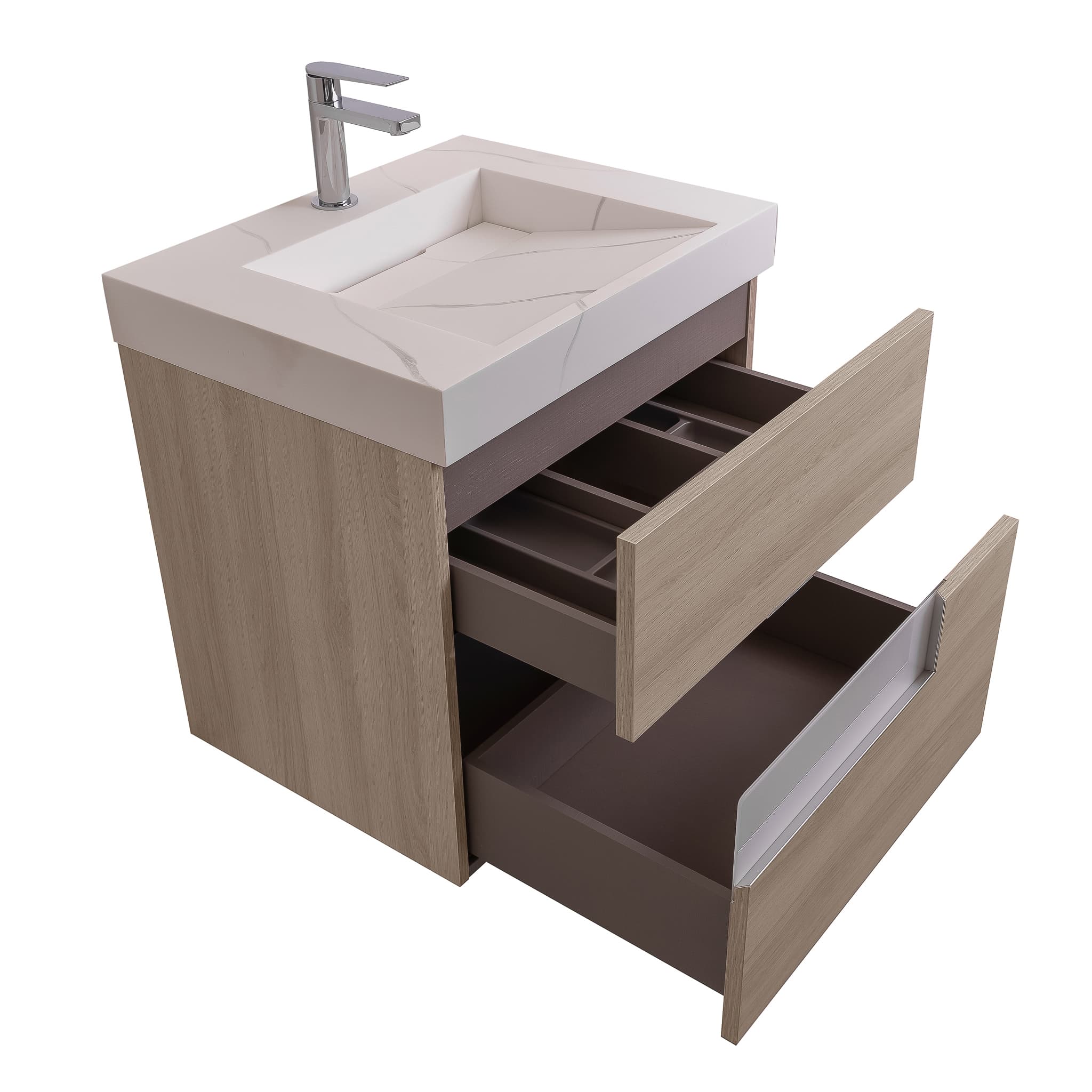 Vision 23.5 Natural Light Wood Cabinet, Solid Surface Matte White Top Carrara Infinity Sink, Wall Mounted Modern Vanity Set