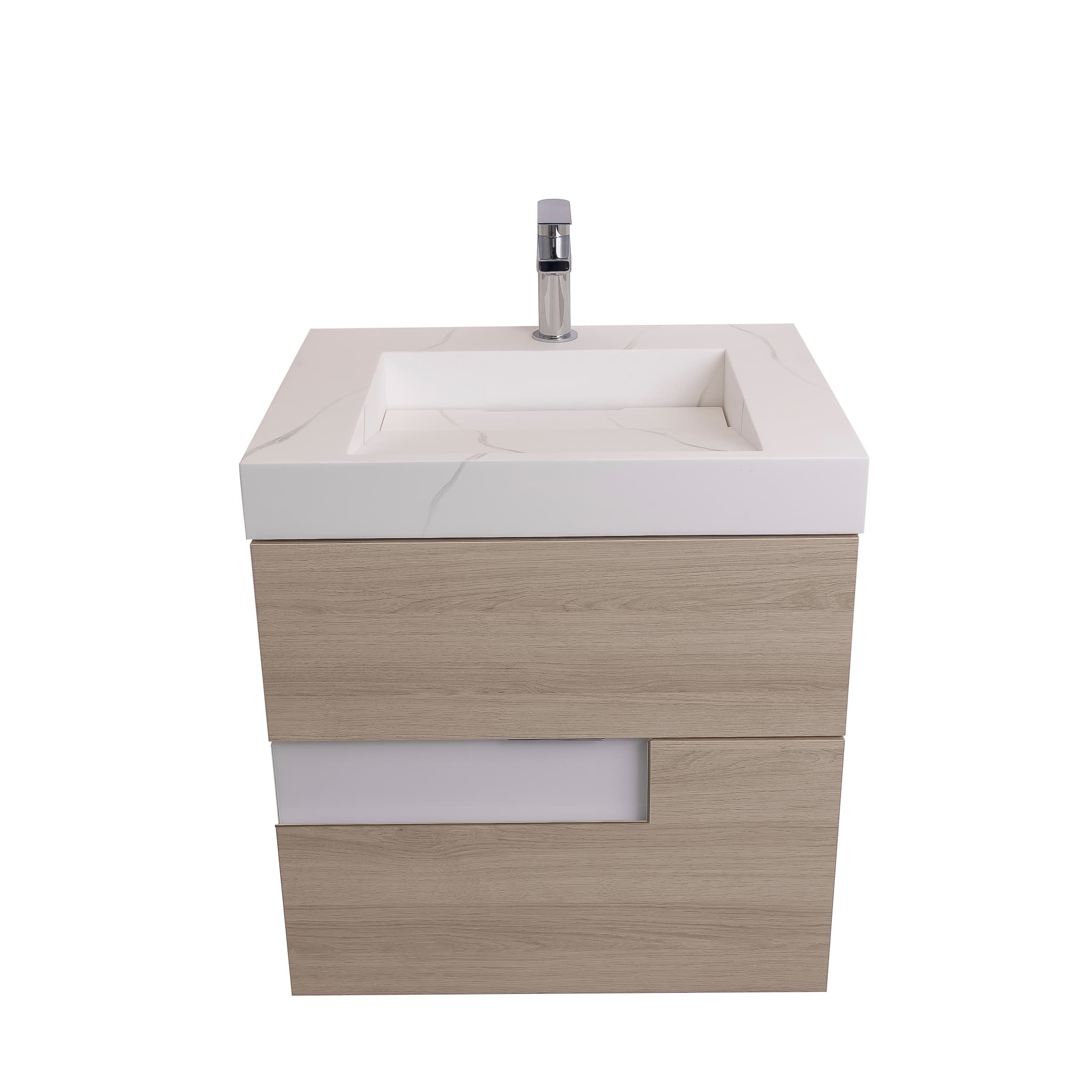 Vision 23.5 Natural Light Wood Cabinet, Solid Surface Matte White Top Carrara Infinity Sink, Wall Mounted Modern Vanity Set