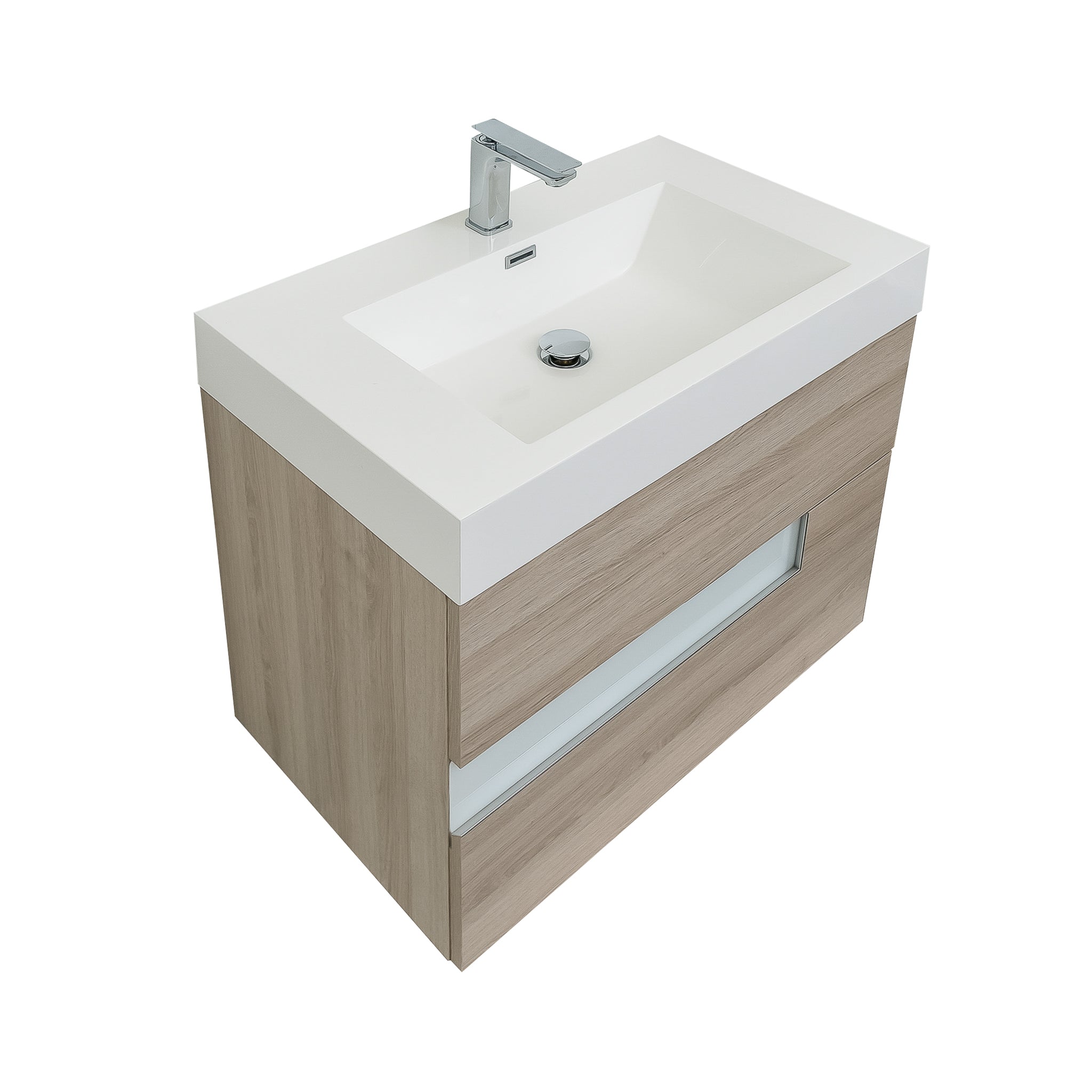 Vision 35.5 Natural Light Wood Cabinet, Square Cultured Marble Sink, Wall Mounted Modern Vanity Set