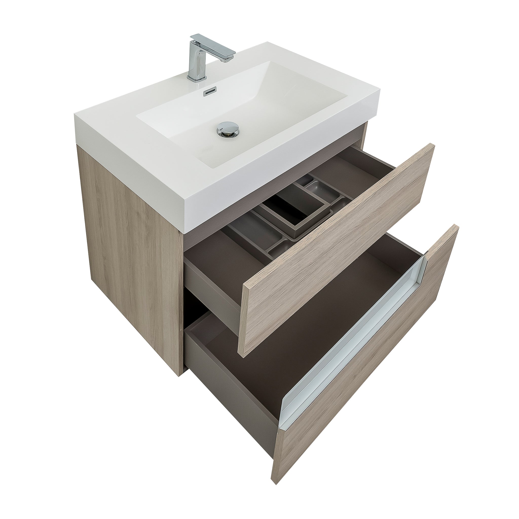 Vision 35.5 Natural Light Wood Cabinet, Square Cultured Marble Sink, Wall Mounted Modern Vanity Set