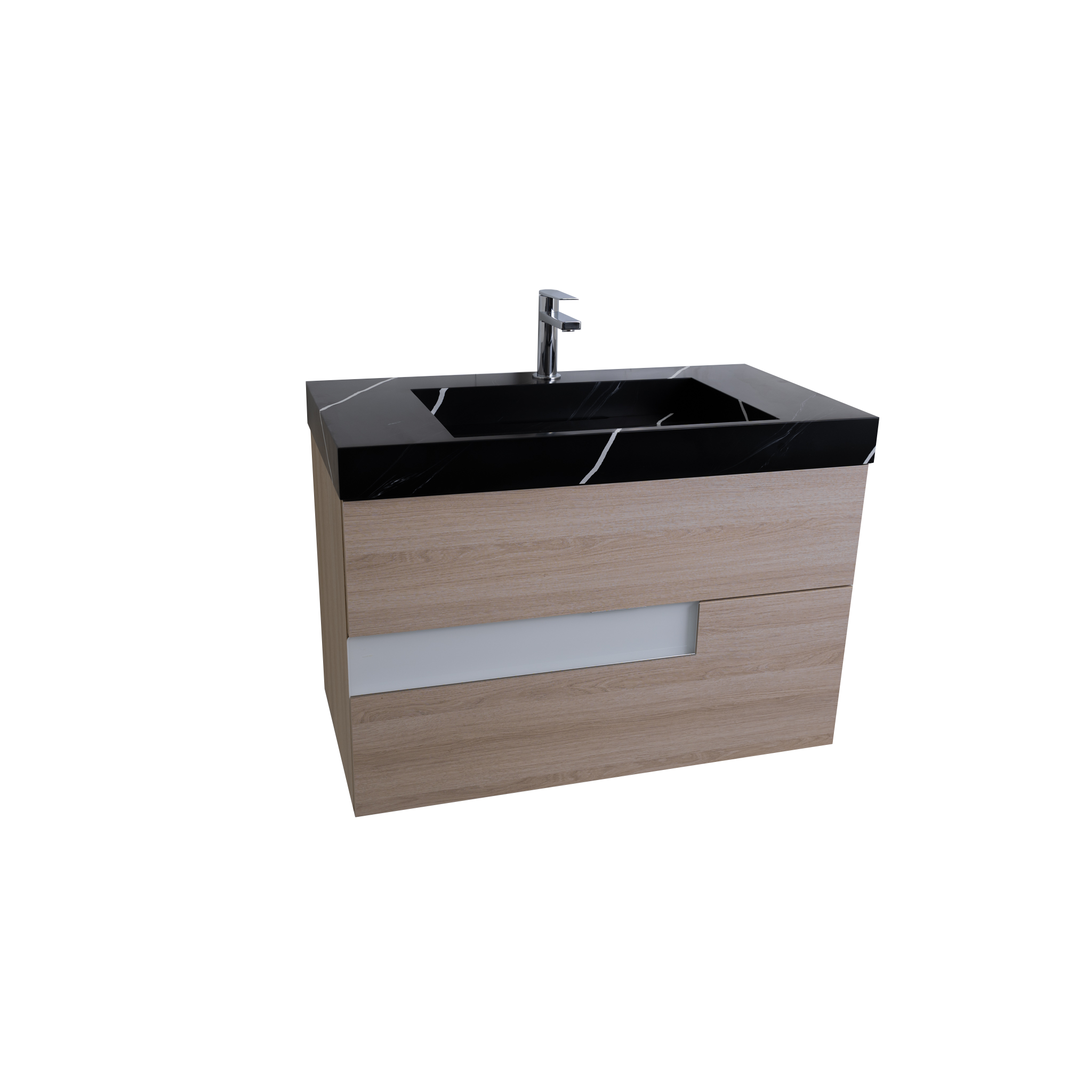 Vision 35.5 Natural Light Wood Cabinet, Solid Surface Matte Black Carrara Infinity Sink, Wall Mounted Modern Vanity Set