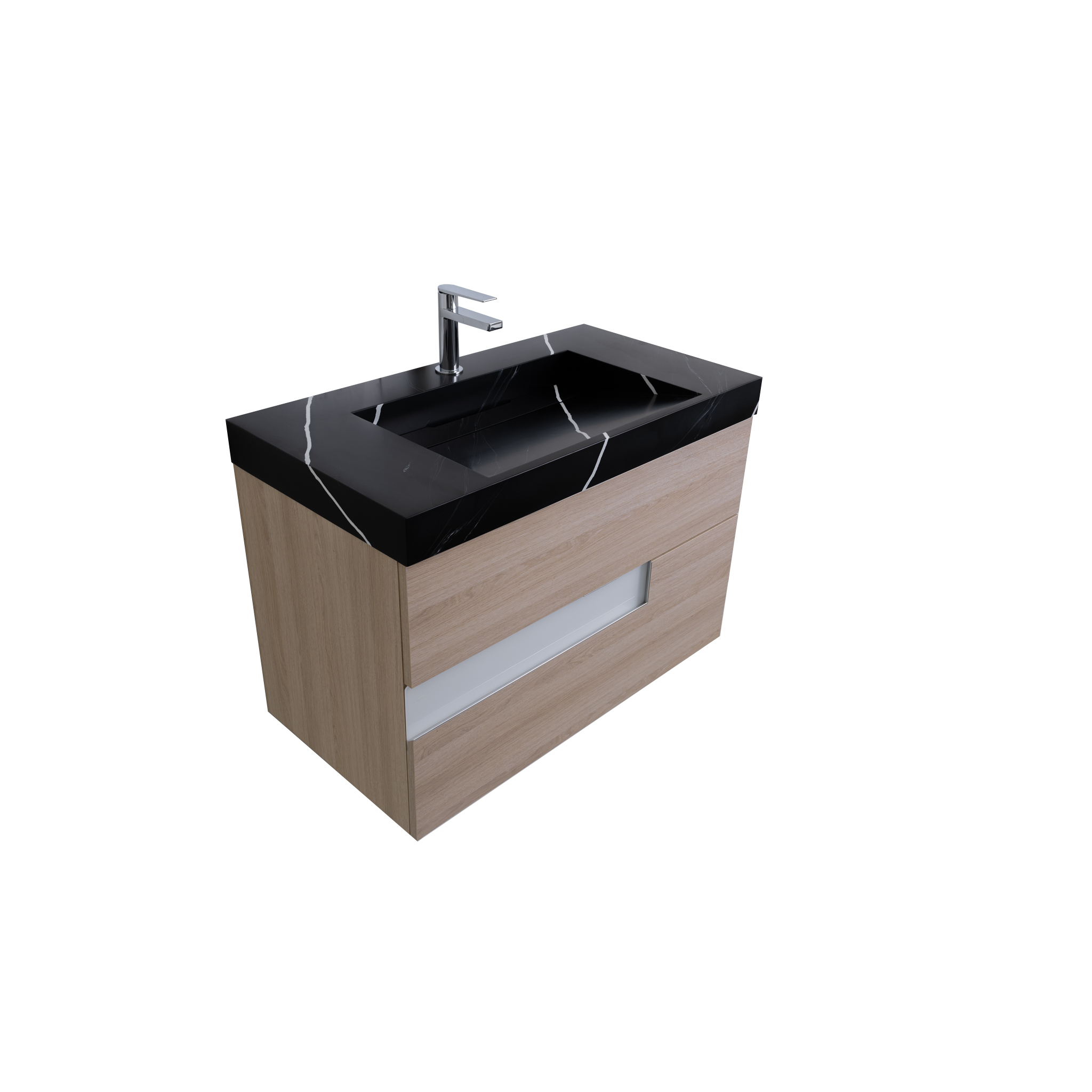 Vision 35.5 Natural Light Wood Cabinet, Solid Surface Matte Black Carrara Infinity Sink, Wall Mounted Modern Vanity Set