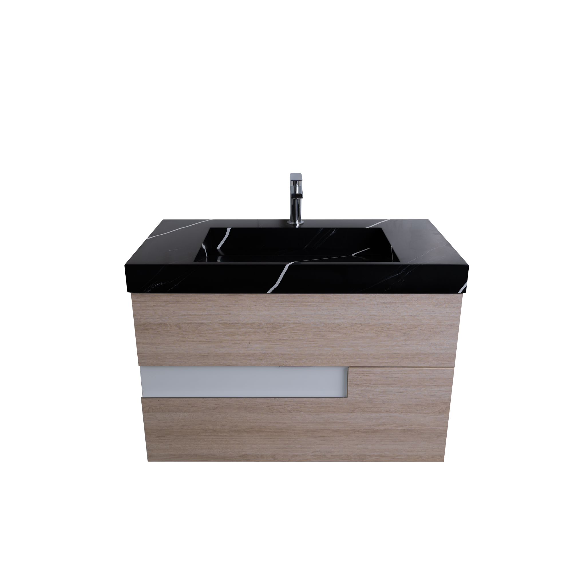 Vision 35.5 Natural Light Wood Cabinet, Solid Surface Matte Black Carrara Infinity Sink, Wall Mounted Modern Vanity Set