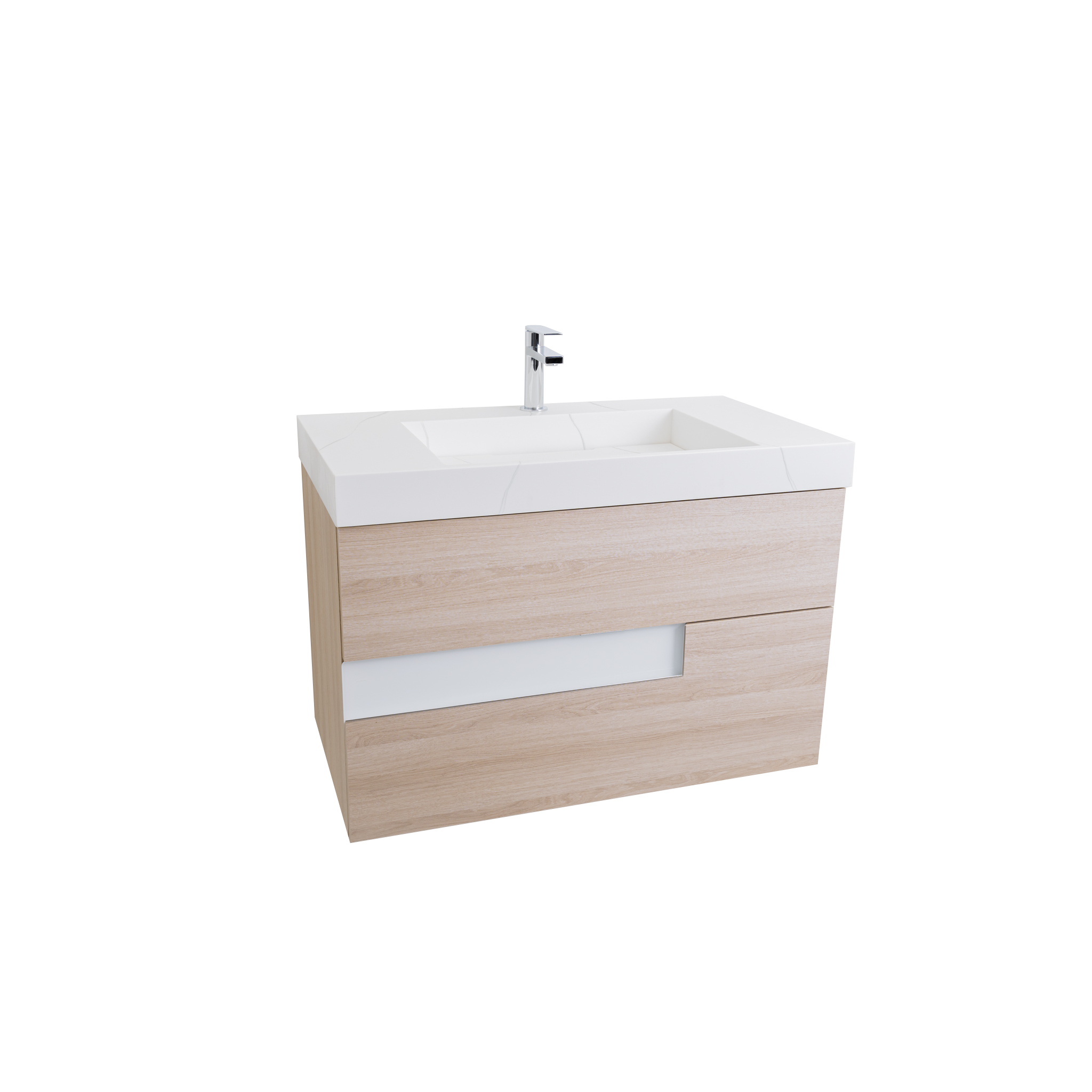 Vision 35.5 Natural Light Wood Cabinet, Solid Surface Matte White Top Carrara Infinity Sink, Wall Mounted Modern Vanity Set