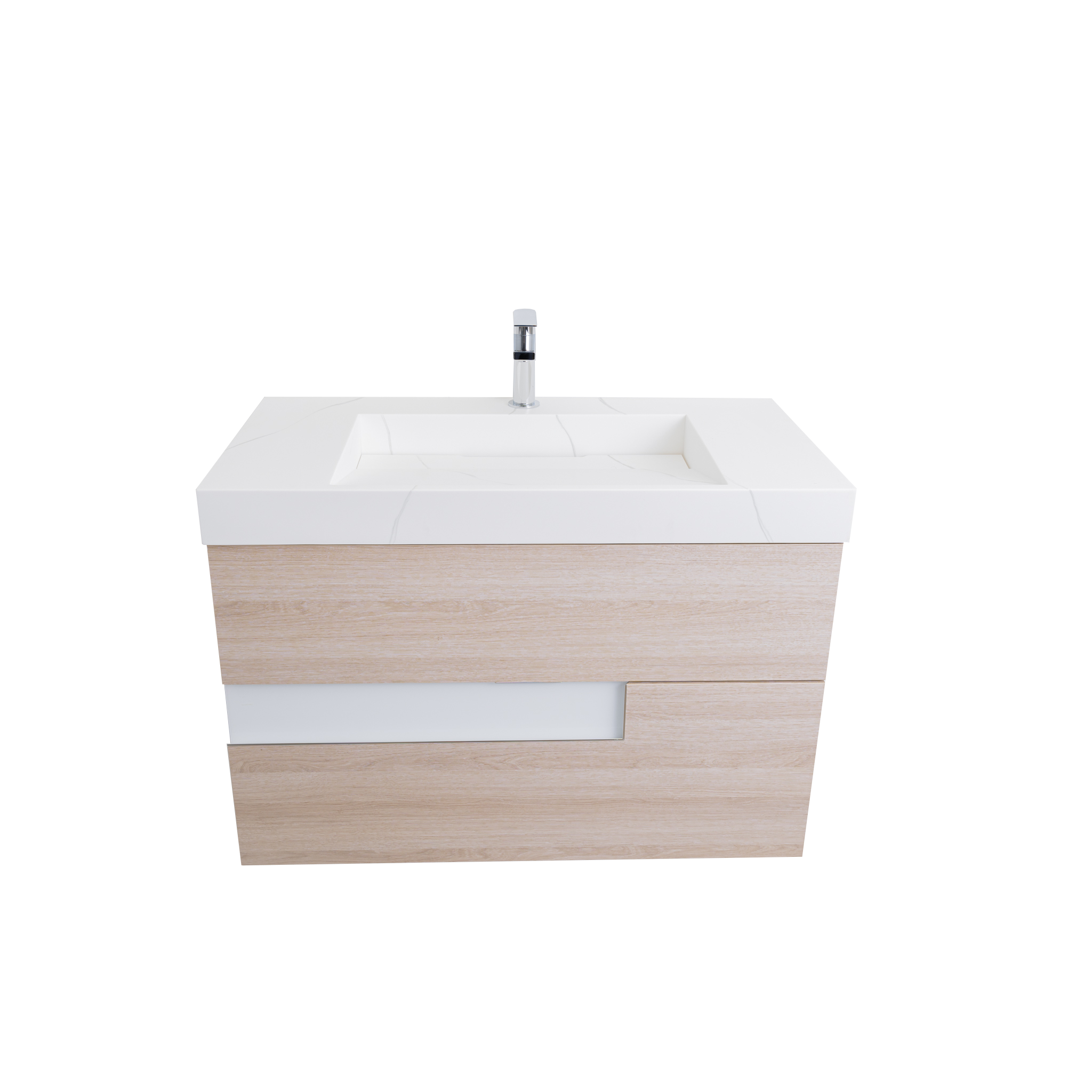 Vision 35.5 Natural Light Wood Cabinet, Solid Surface Matte White Top Carrara Infinity Sink, Wall Mounted Modern Vanity Set