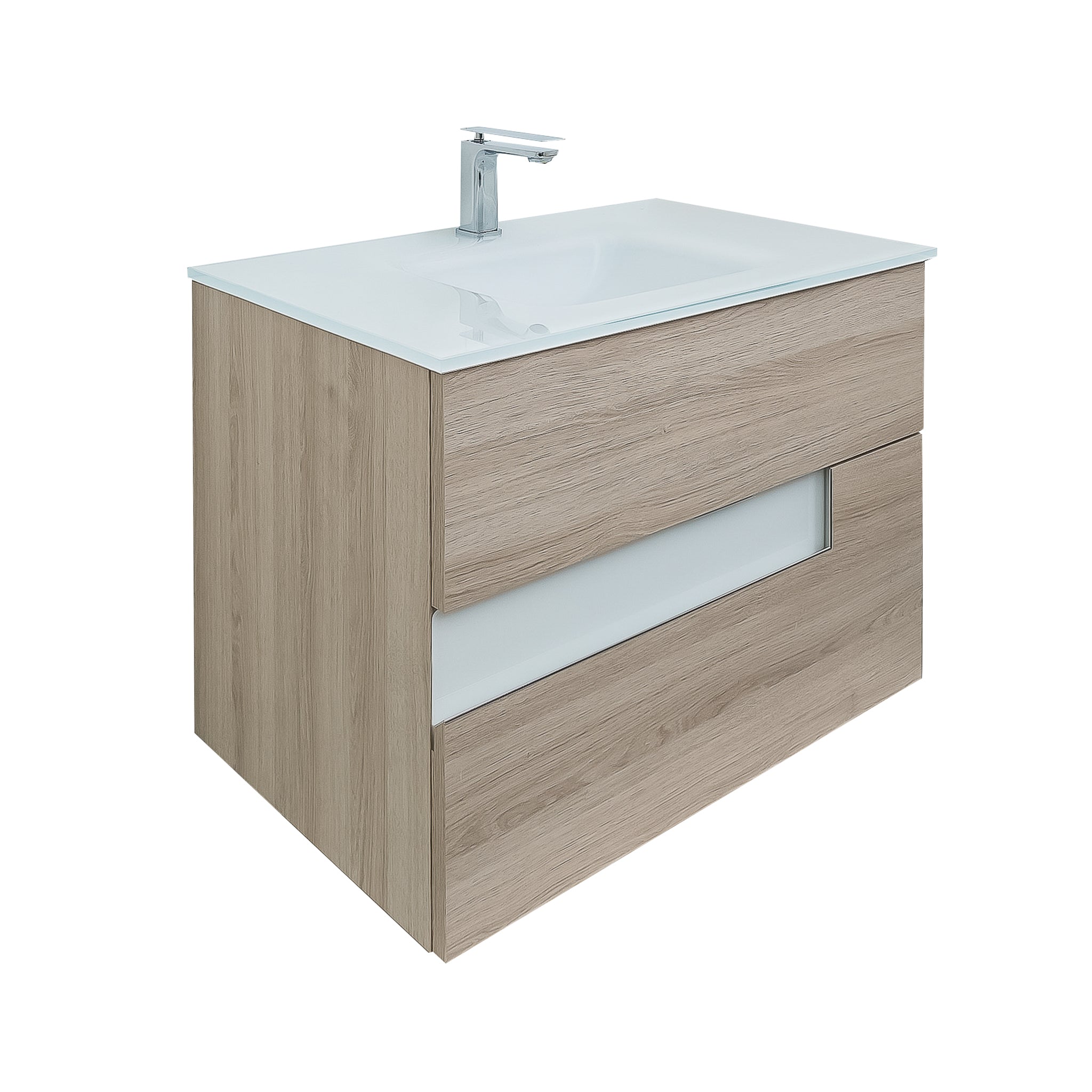 Vision 35.5 Natural Light Wood Cabinet, White Tempered Glass Sink, Wall Mounted Modern Vanity Set