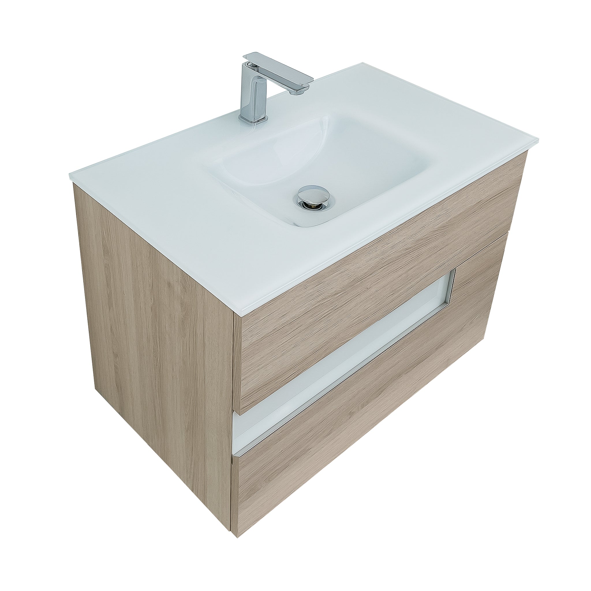 Vision 35.5 Natural Light Wood Cabinet, White Tempered Glass Sink, Wall Mounted Modern Vanity Set
