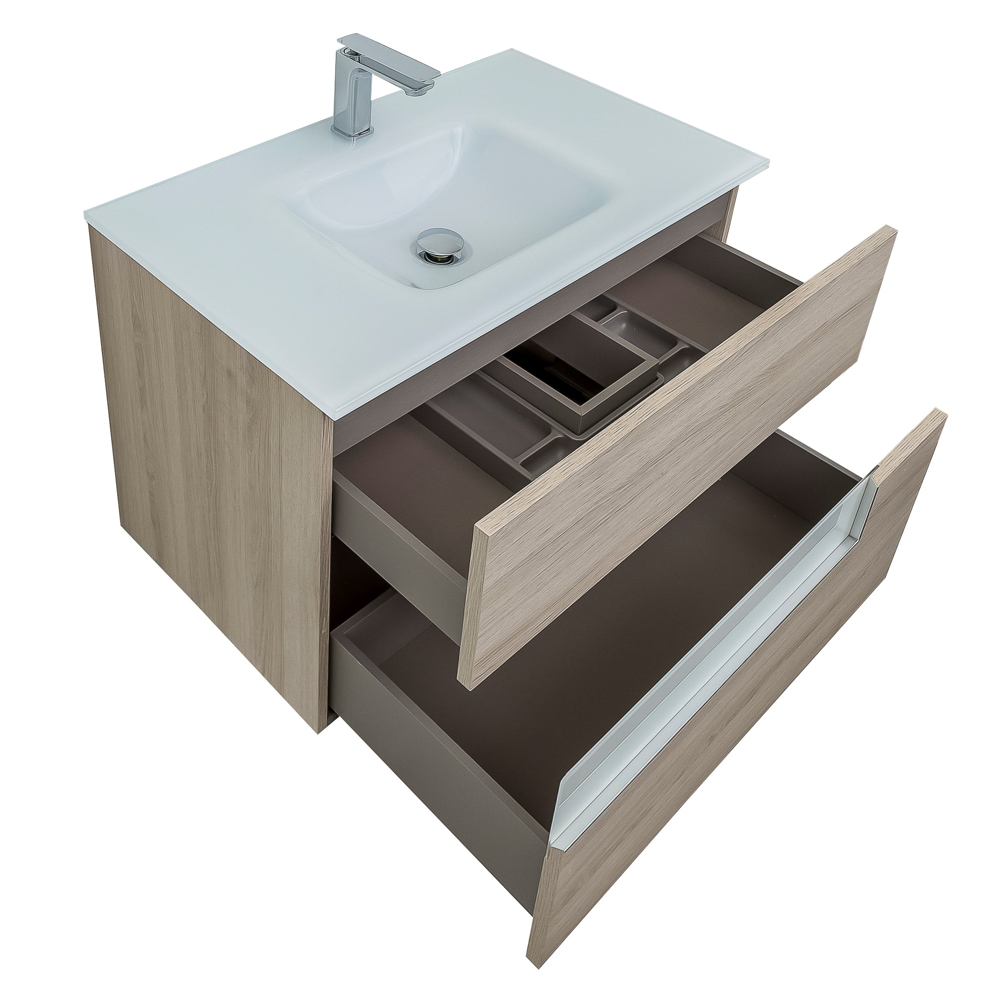 Vision 35.5 Natural Light Wood Cabinet, White Tempered Glass Sink, Wall Mounted Modern Vanity Set